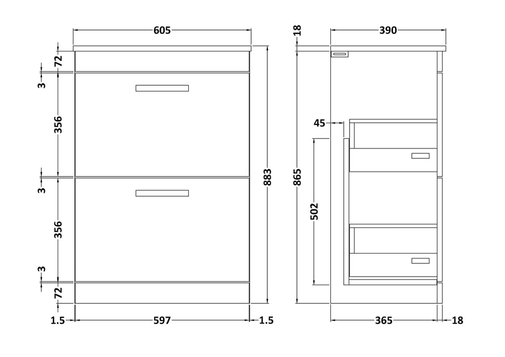 Plumber's technical bathroom cabinet blueprint with detailed measurements and dimensions for bathroom storage solutions.