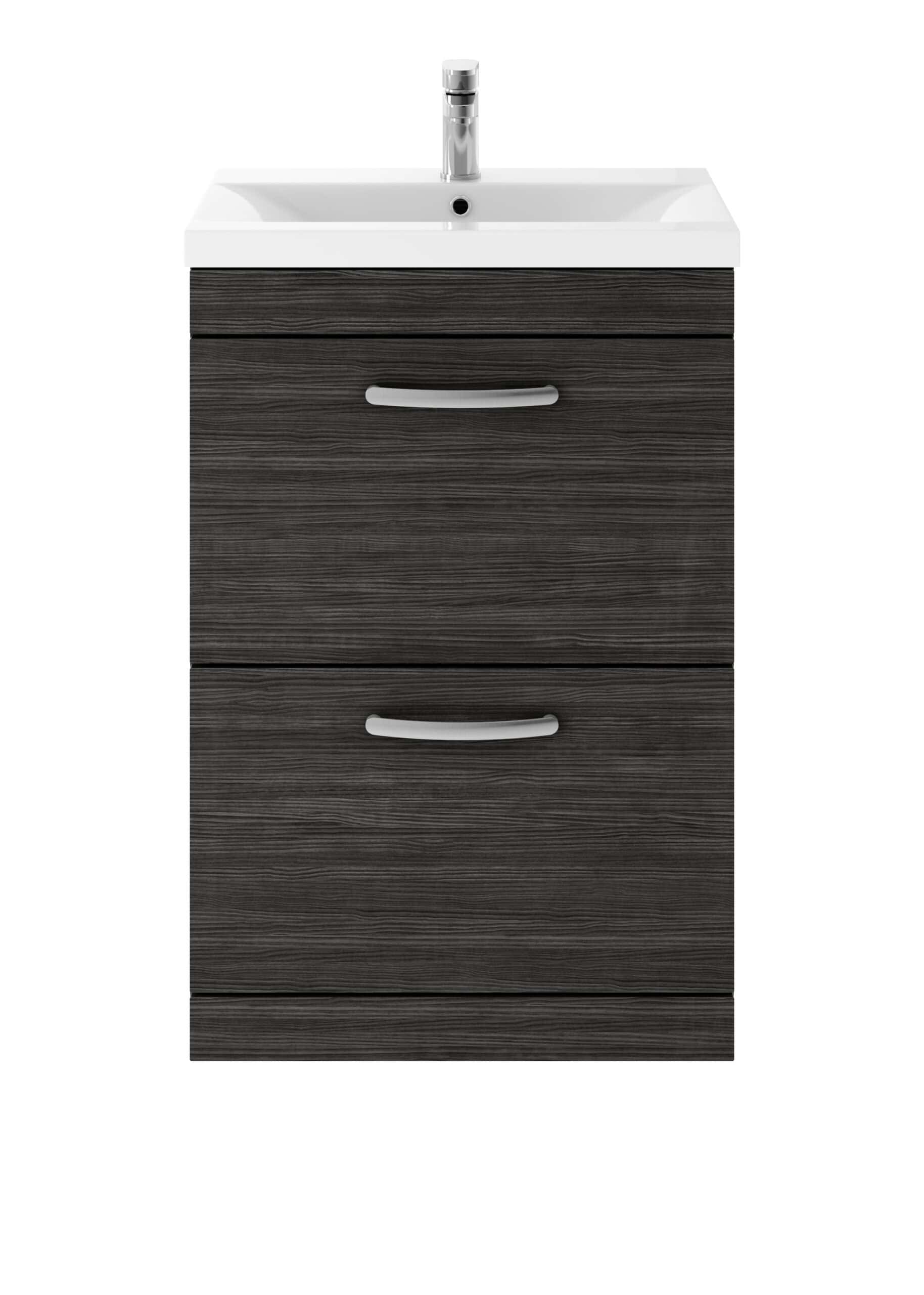 Modern bathroom vanity unit with a white ceramic sink and dark wood finish drawers, ideal for contemporary bathroom storage solutions.