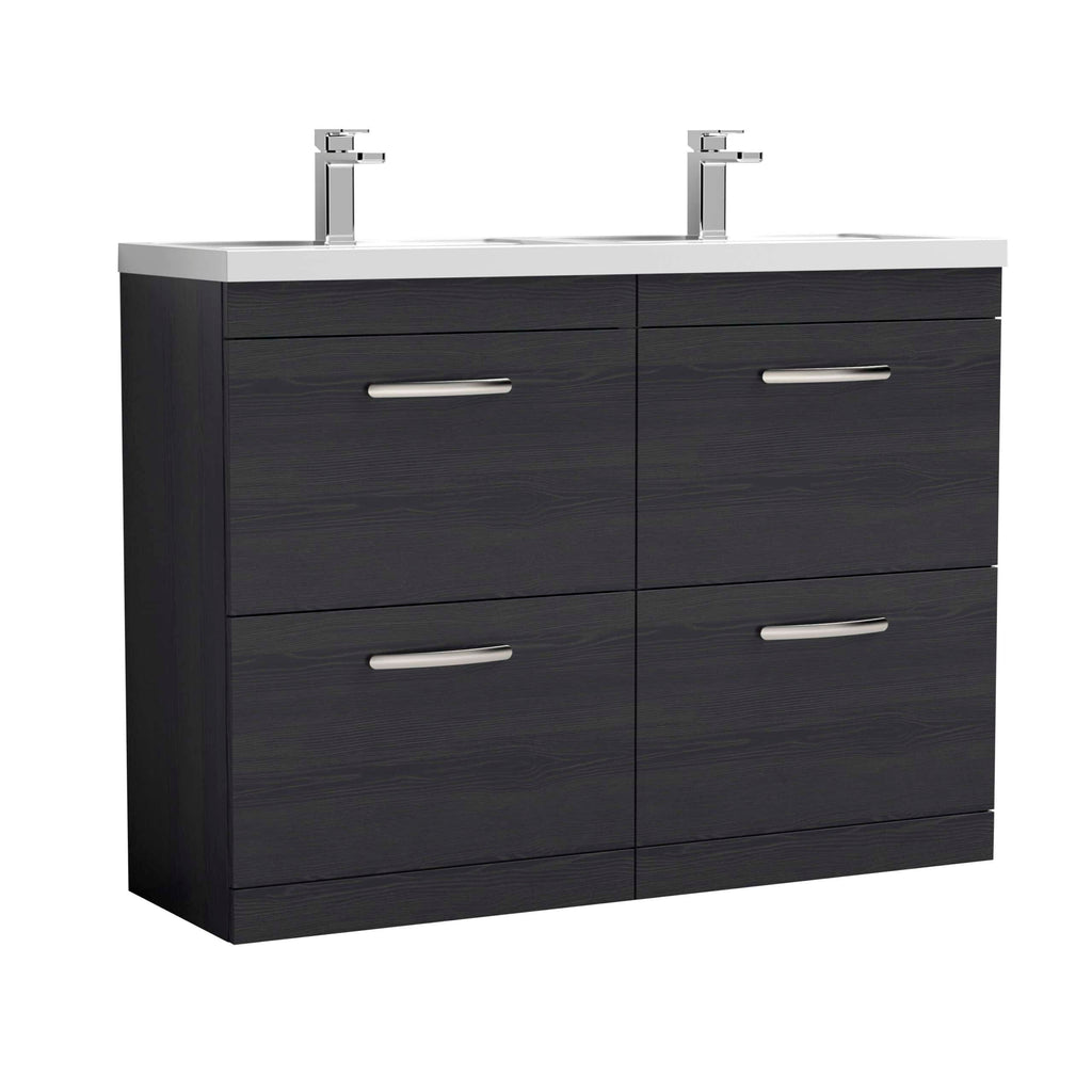 Sleek black bathroom vanity with double sinks, modern chrome handles, and ample storage drawers, perfect for contemporary bathroom design.