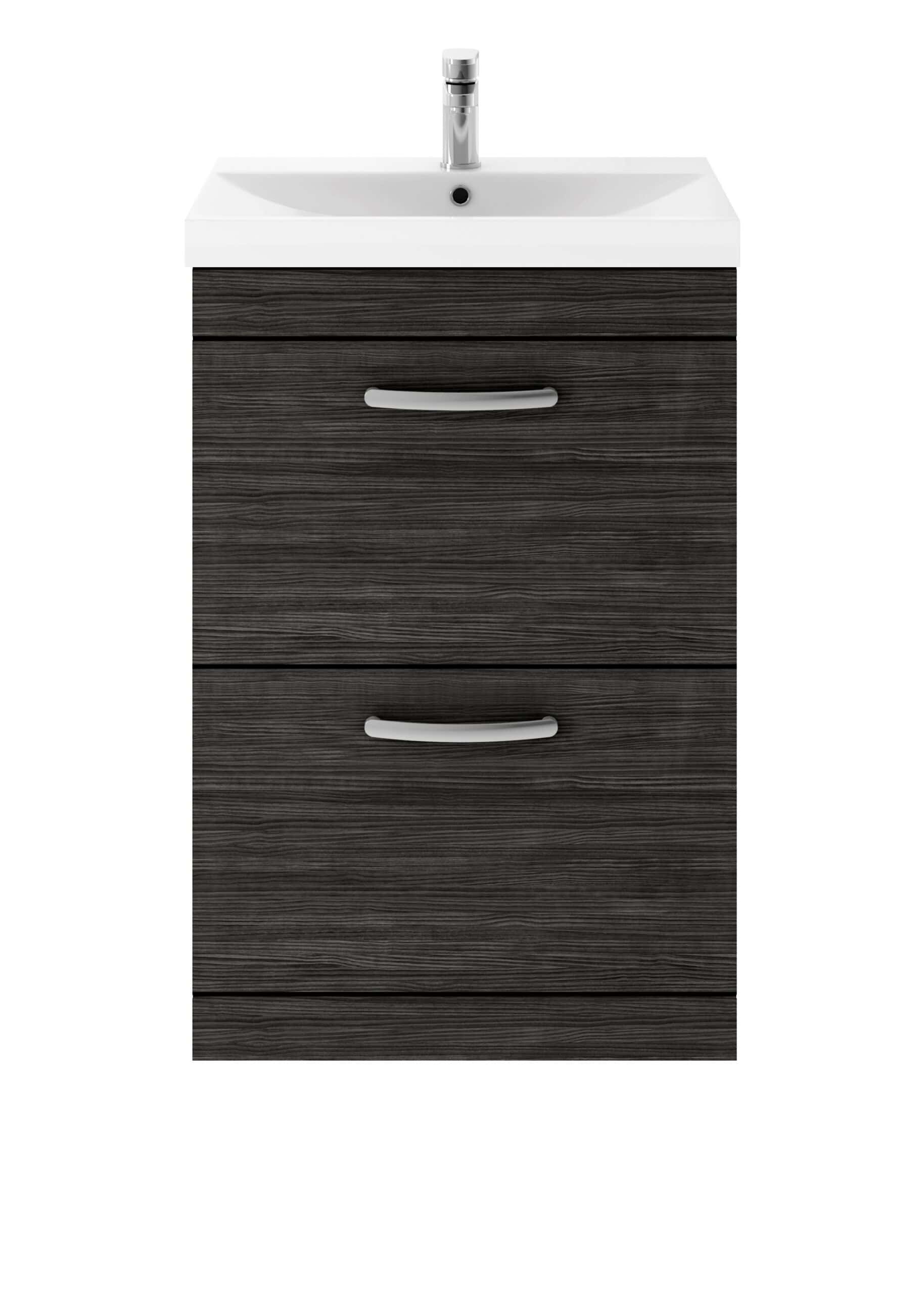 Sleek bathroom vanity with dark wood finish, integrated sink, modern chrome handles, ideal for contemporary bathroom decor.