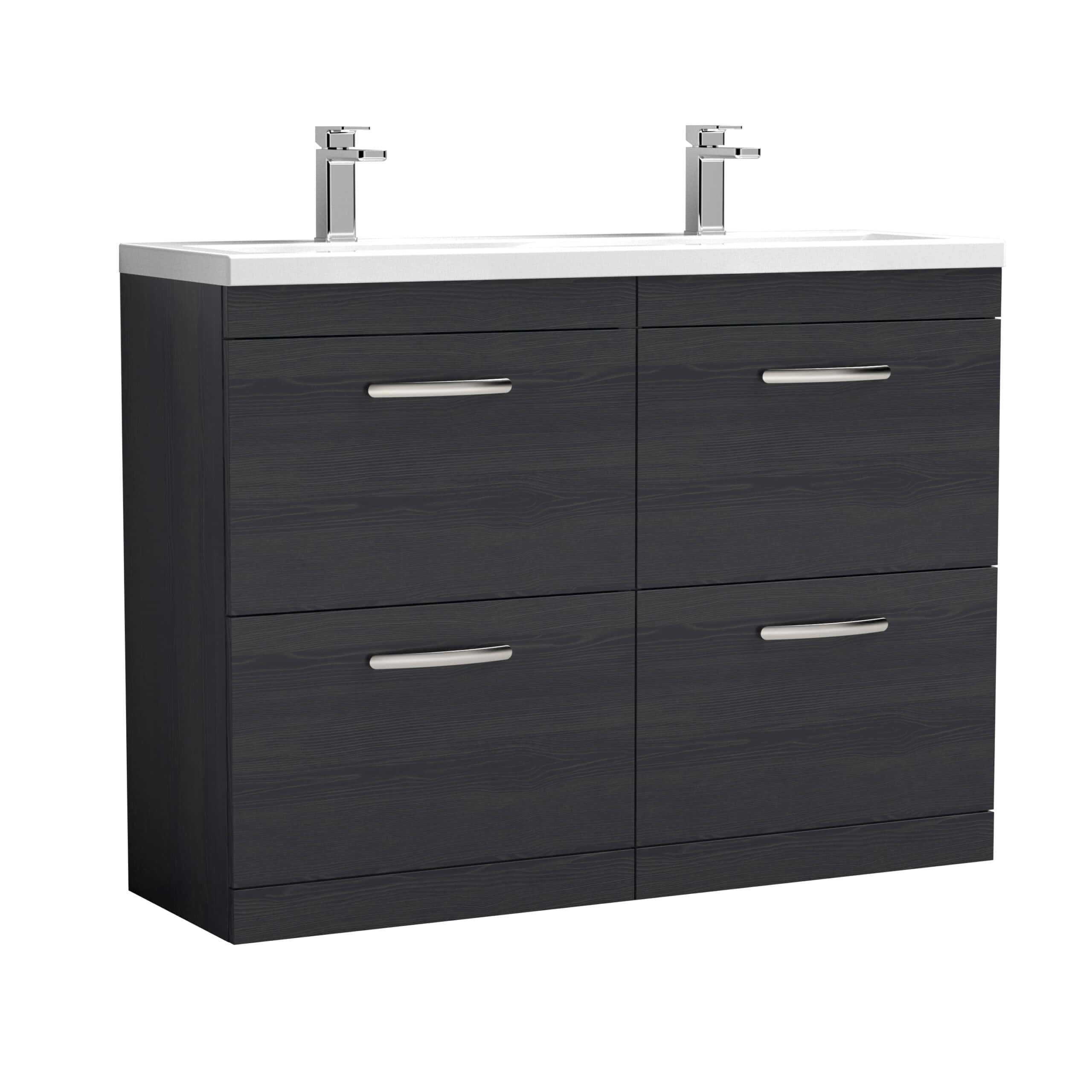 Modern double bathroom vanity with dark wood finish and two sinks, ideal for contemporary bathrooms. Features sleek silver handles and ample storage space beneath the countertop.