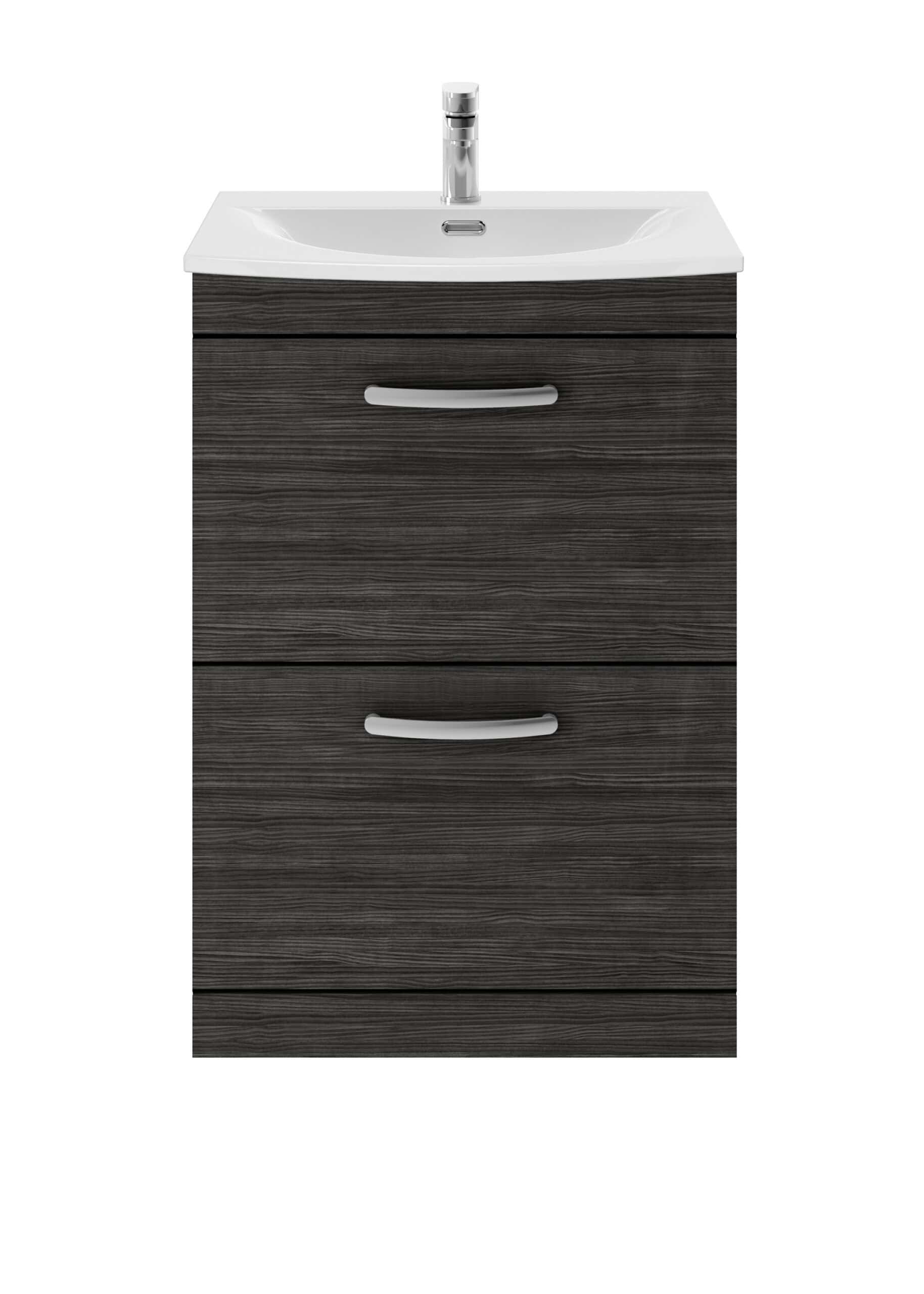 Dark wood bathroom vanity with integrated sink and chrome handles, designed for modern bathroom storage solutions. Perfect for enhancing bathroom aesthetics and organisation.