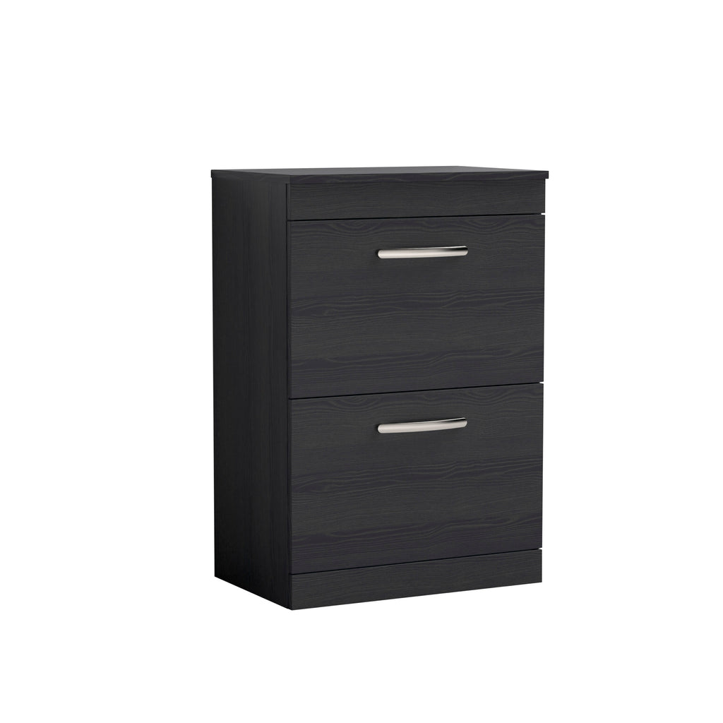 Sleek black bathroom storage cabinet with modern silver handles designed for optimal organisation in contemporary bathrooms.