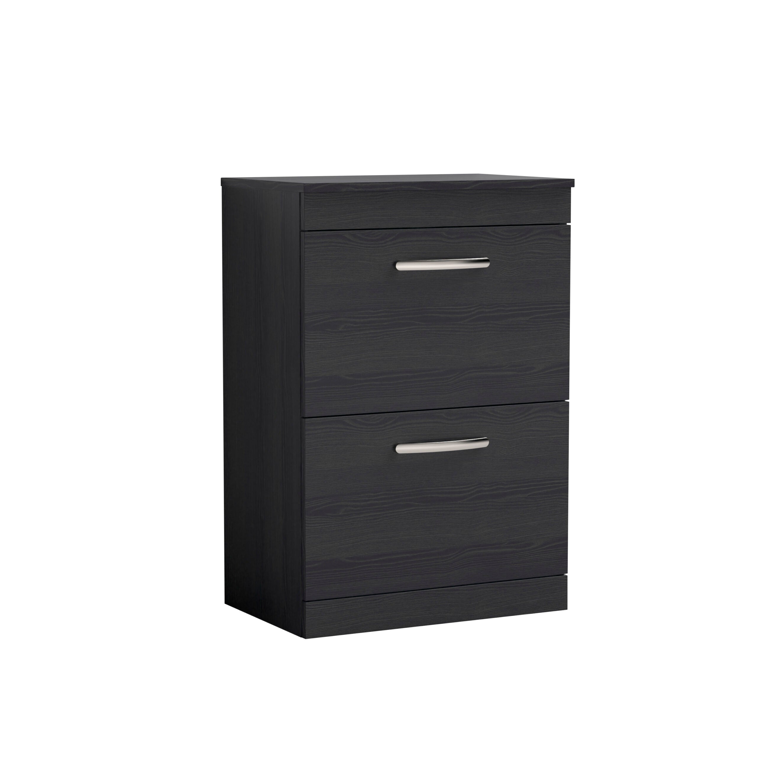 Sleek black bathroom storage cabinet with modern silver handles designed for optimal organisation in contemporary bathrooms.