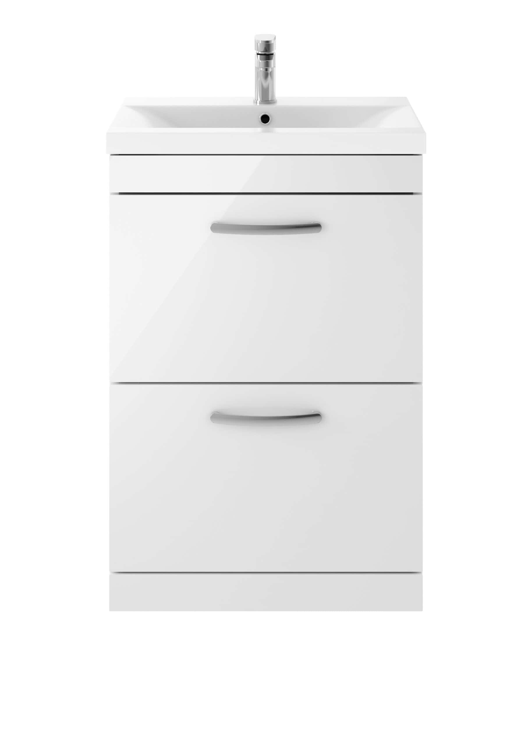 White bathroom vanity with integrated sink and chrome faucet, modern design, suitable for contemporary bathroom interiors, and provides ample storage space.