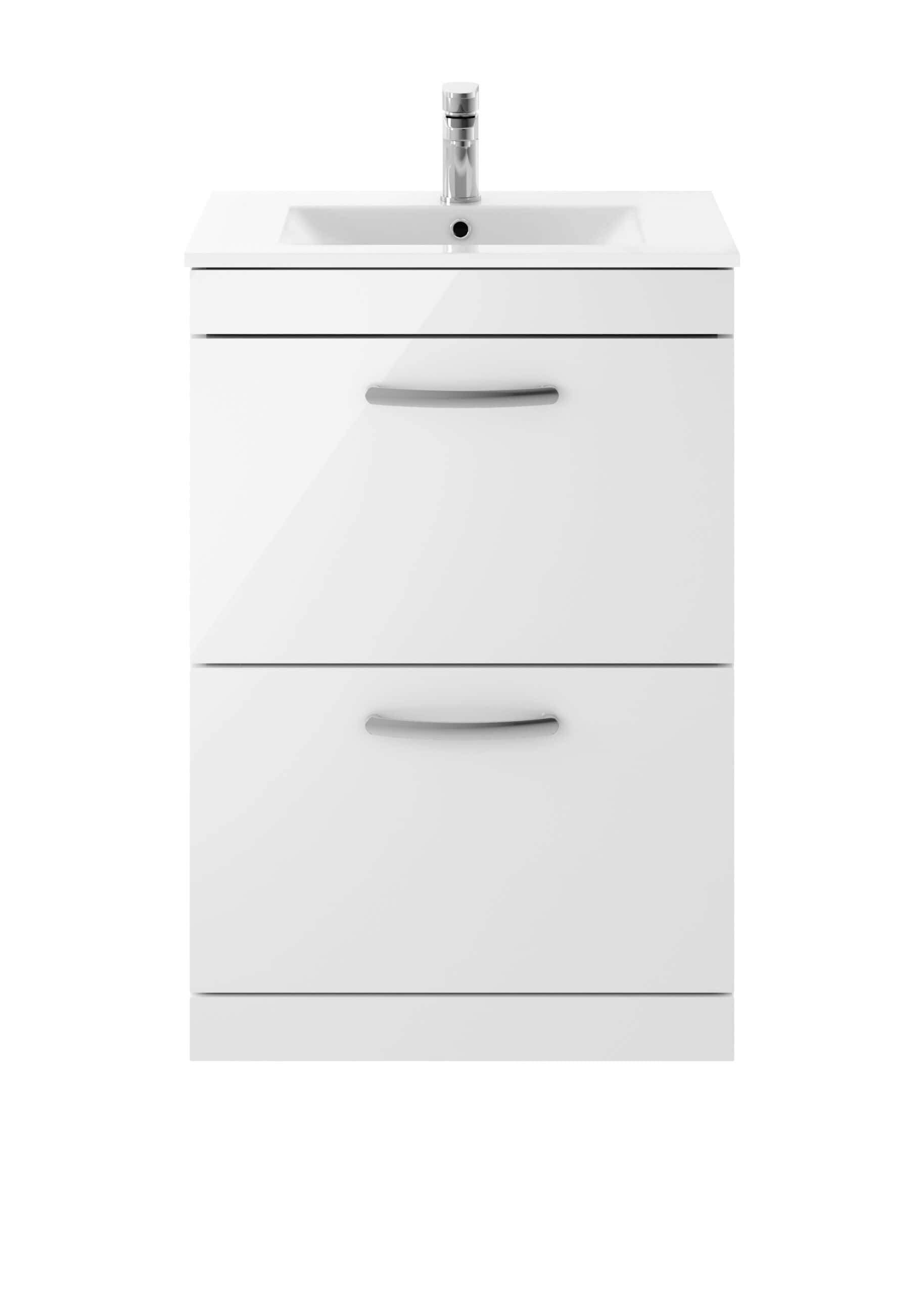 Modern white bathroom vanity with integrated sink and storage drawers, ideal for contemporary bathroom designs. Perfect for bathroom renovations and small space solutions.