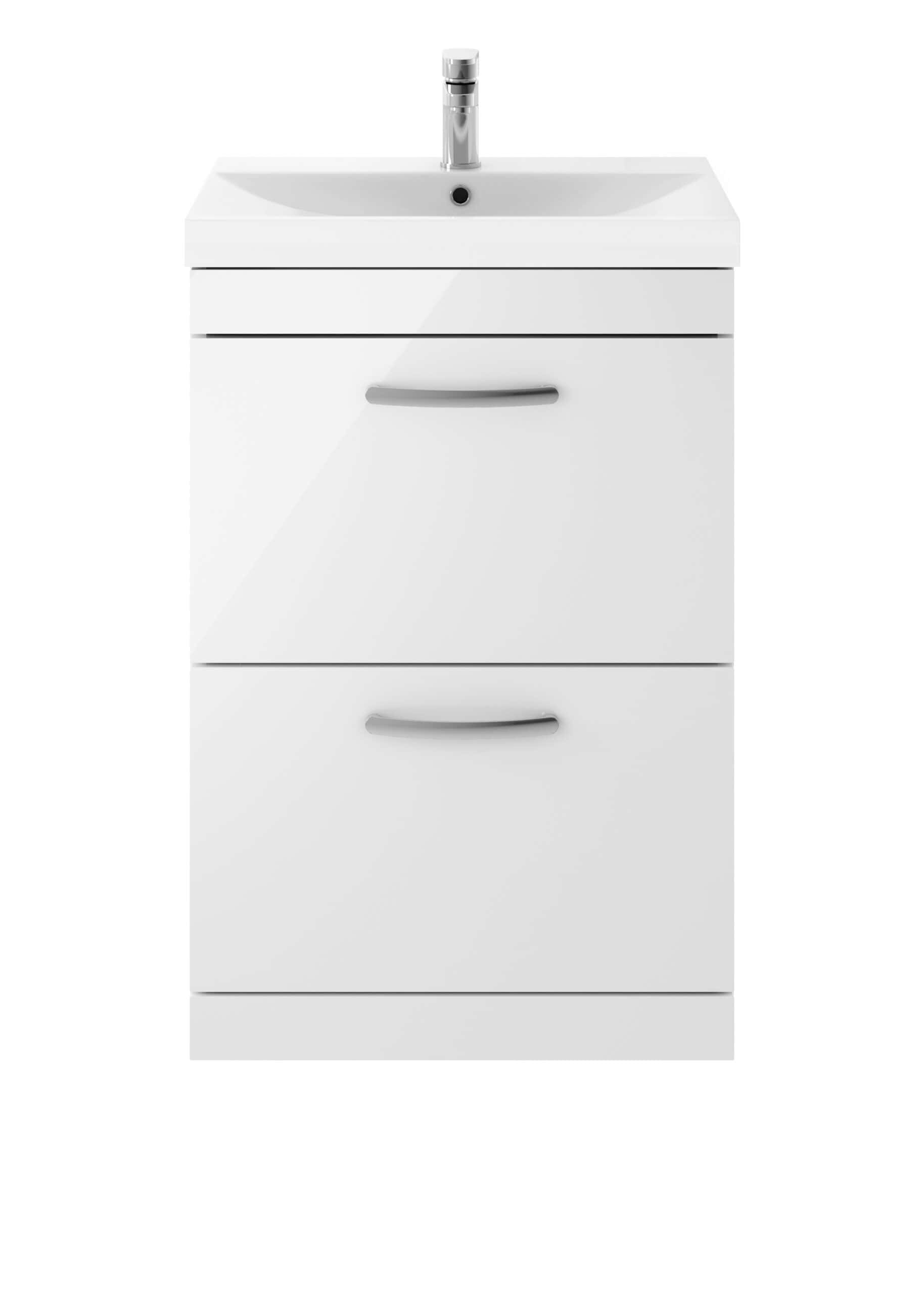 White bathroom vanity with integrated sink and chrome faucet, featuring drawer storage, ideal for modern bathroom interiors. Perfect for bathroom organisation and sleek design.