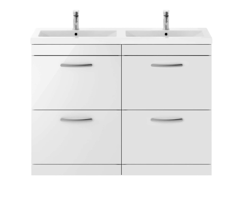 Contemporary white bathroom vanity with dual sinks, sleek chrome handles, and ample storage drawers, perfect for modern Bubly bathroom design. Ideal for organising essentials in bathroom remodels.