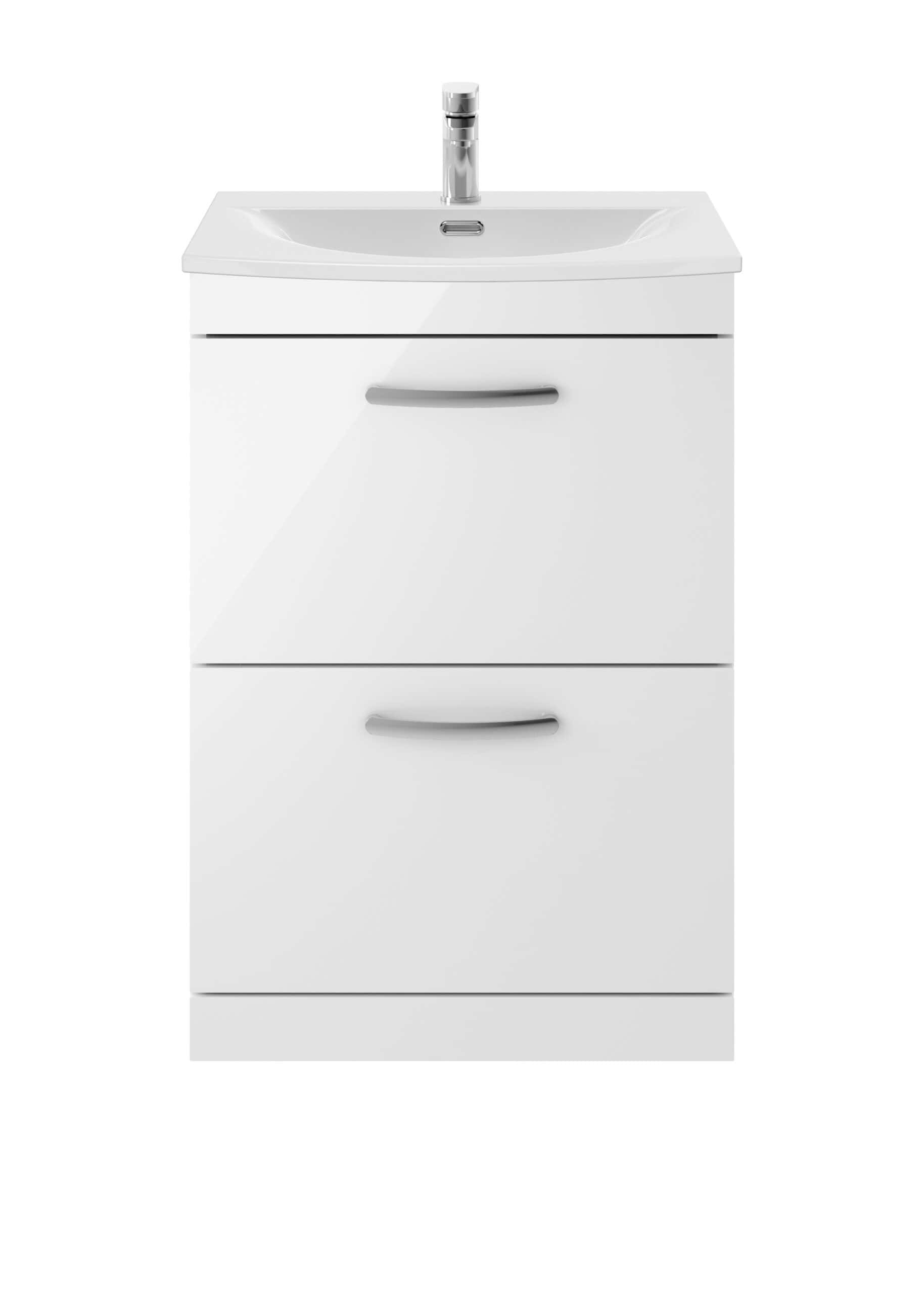 Contemporary white bathroom vanity unit with integrated sink and storage drawers, ideal for modern bathroom renovations and space-saving bathroom organisation.