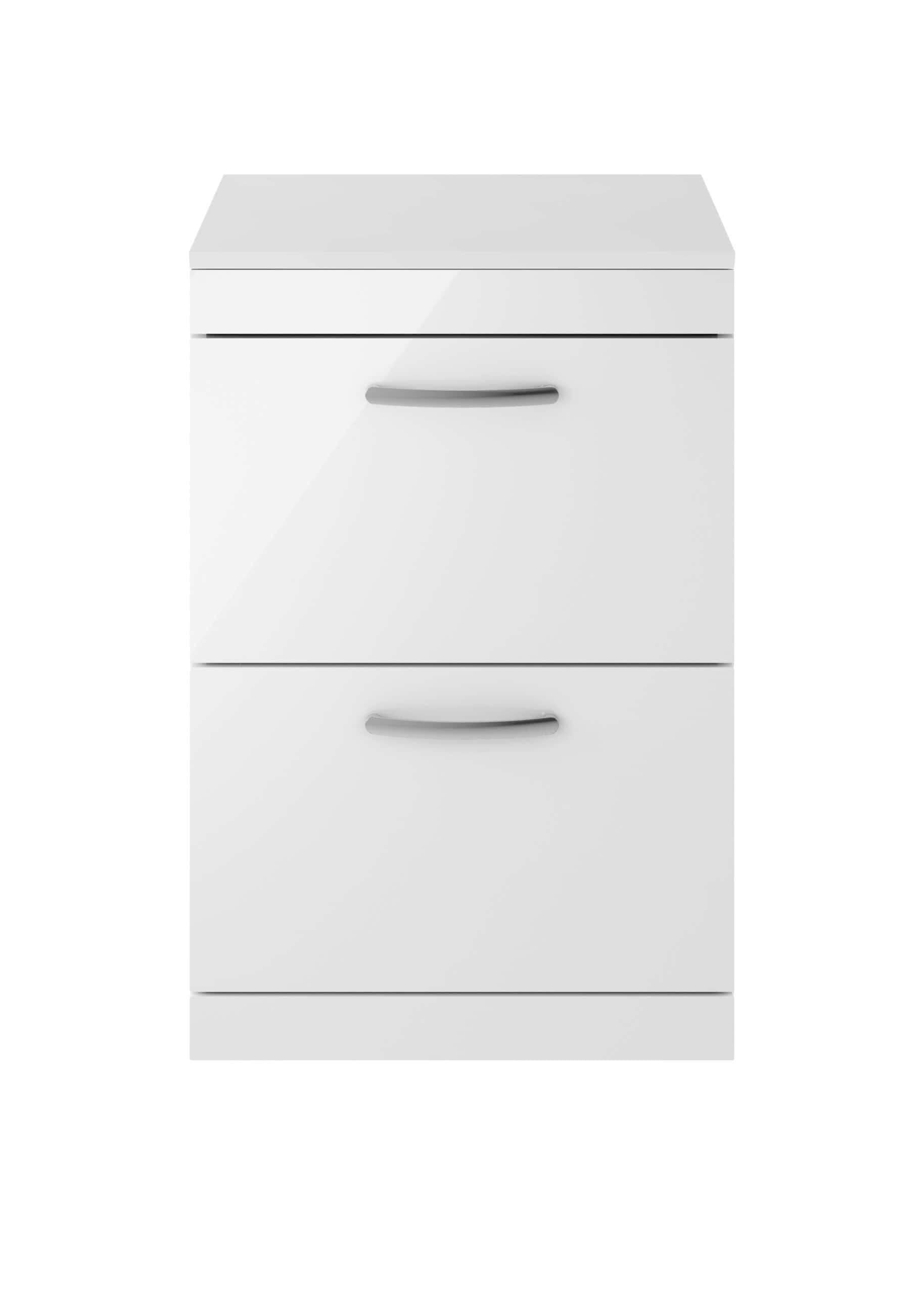 White bathroom cabinet with two drawers and silver handles, suitable for modern bathroom storage solutions. Perfect for organising toiletries and bathroom essentials.