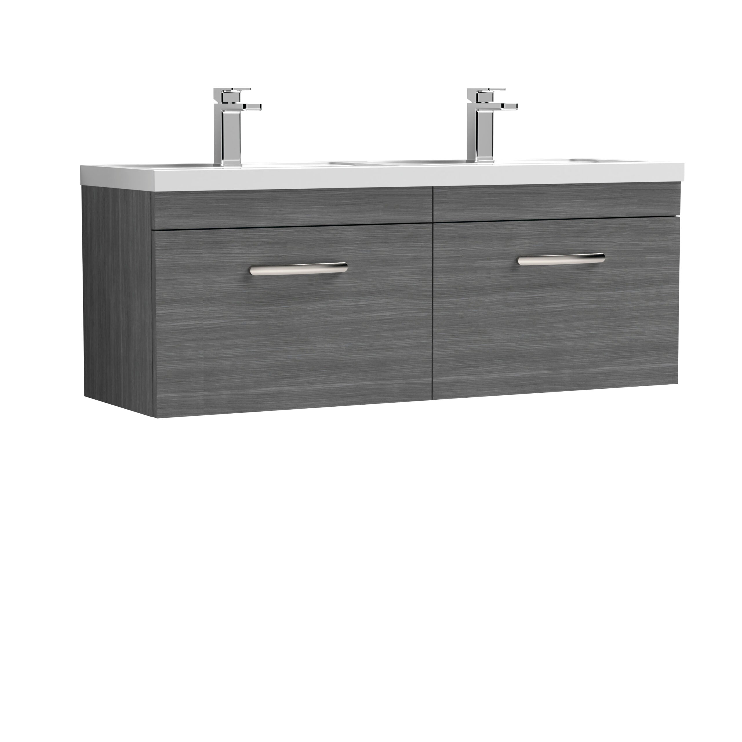 Modern double bathroom vanity unit with grey wood finish and ceramic countertop with two sinks and chrome faucets.