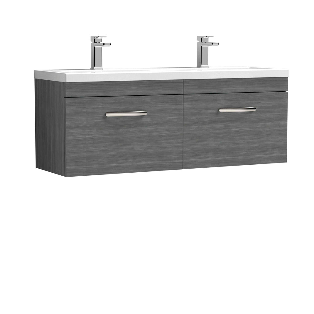 Modern grey bathroom vanity with dual sinks and sleek chrome handles, ideal for contemporary bathrooms. Durable finish and ample storage space for organised bathroom essentials.