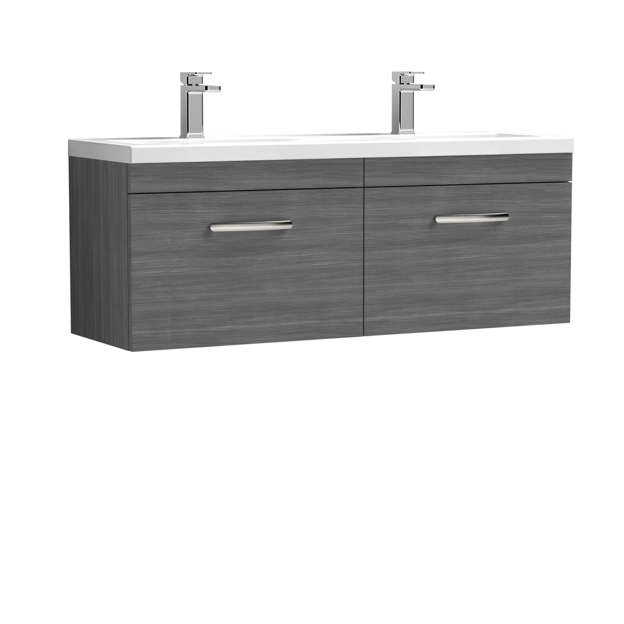 Modern grey bathroom vanity with dual sinks and sleek chrome handles, ideal for contemporary bathrooms. Durable finish and ample storage space for organised bathroom essentials.