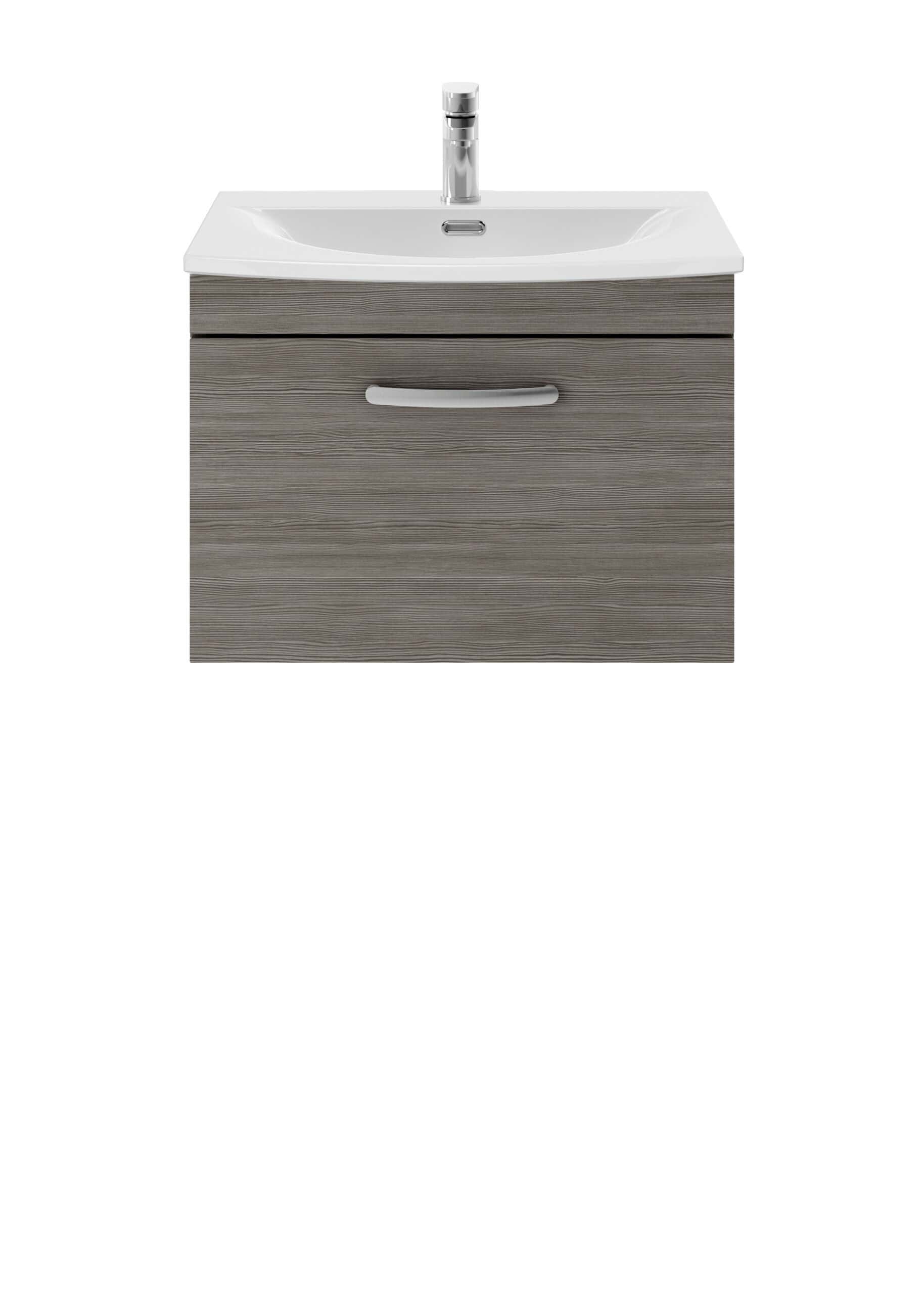Grey wood effect bathroom vanity unit with integrated sink and chrome tap for modern bathroom design.