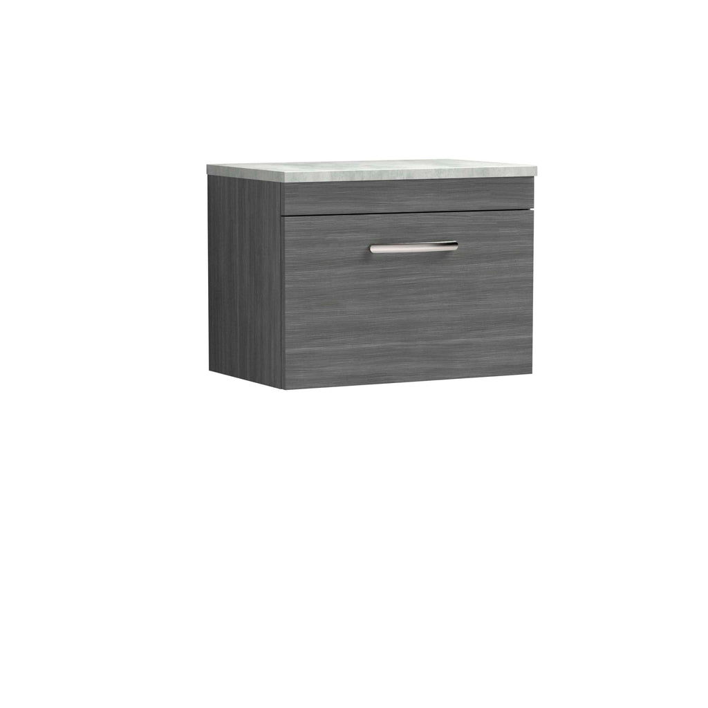 Modern grey bathroom vanity with a sleek silver handle and white marble top, ideal for contemporary bathroom design and storage solutions.