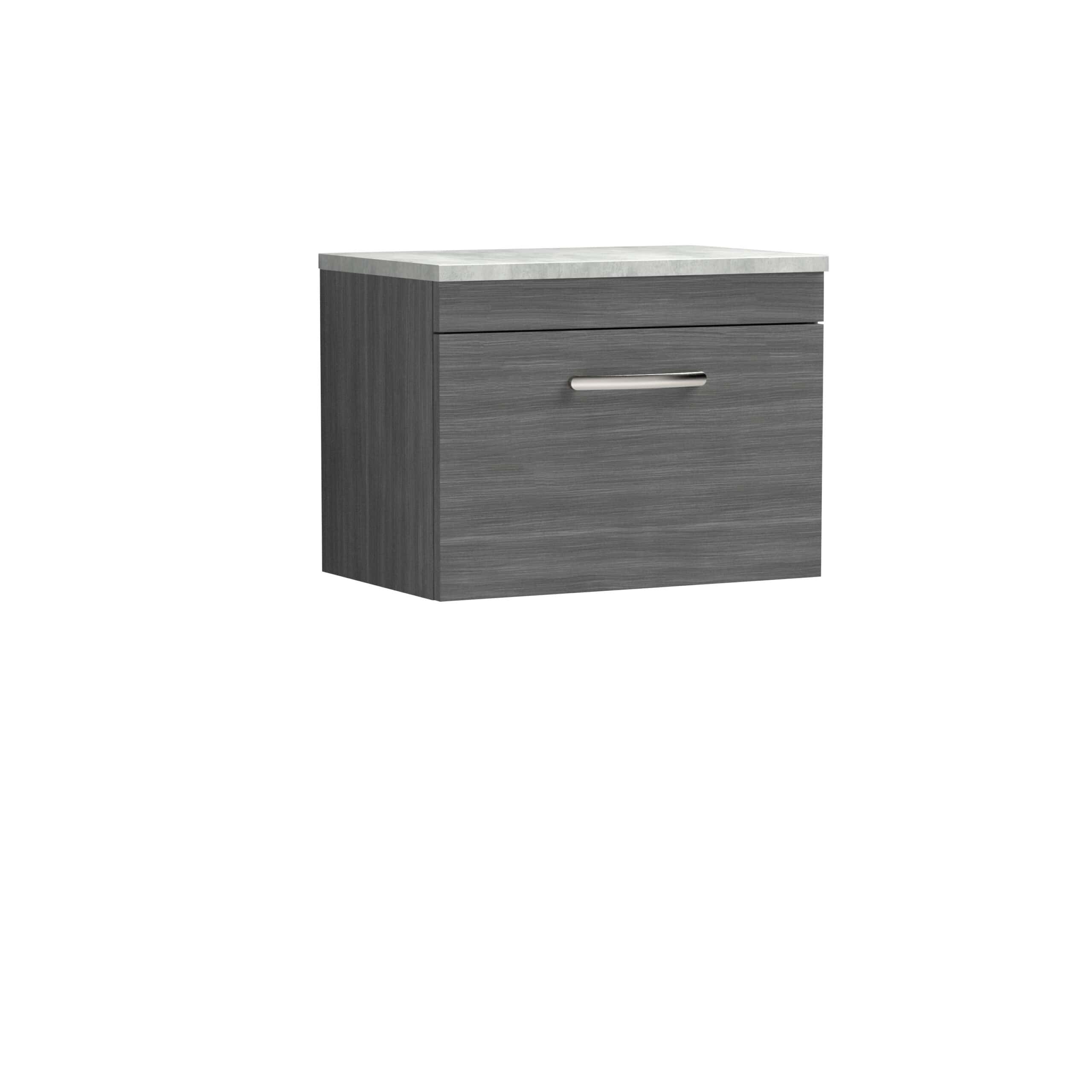Modern grey bathroom vanity with a sleek silver handle and white marble top, ideal for contemporary bathroom design and storage solutions.