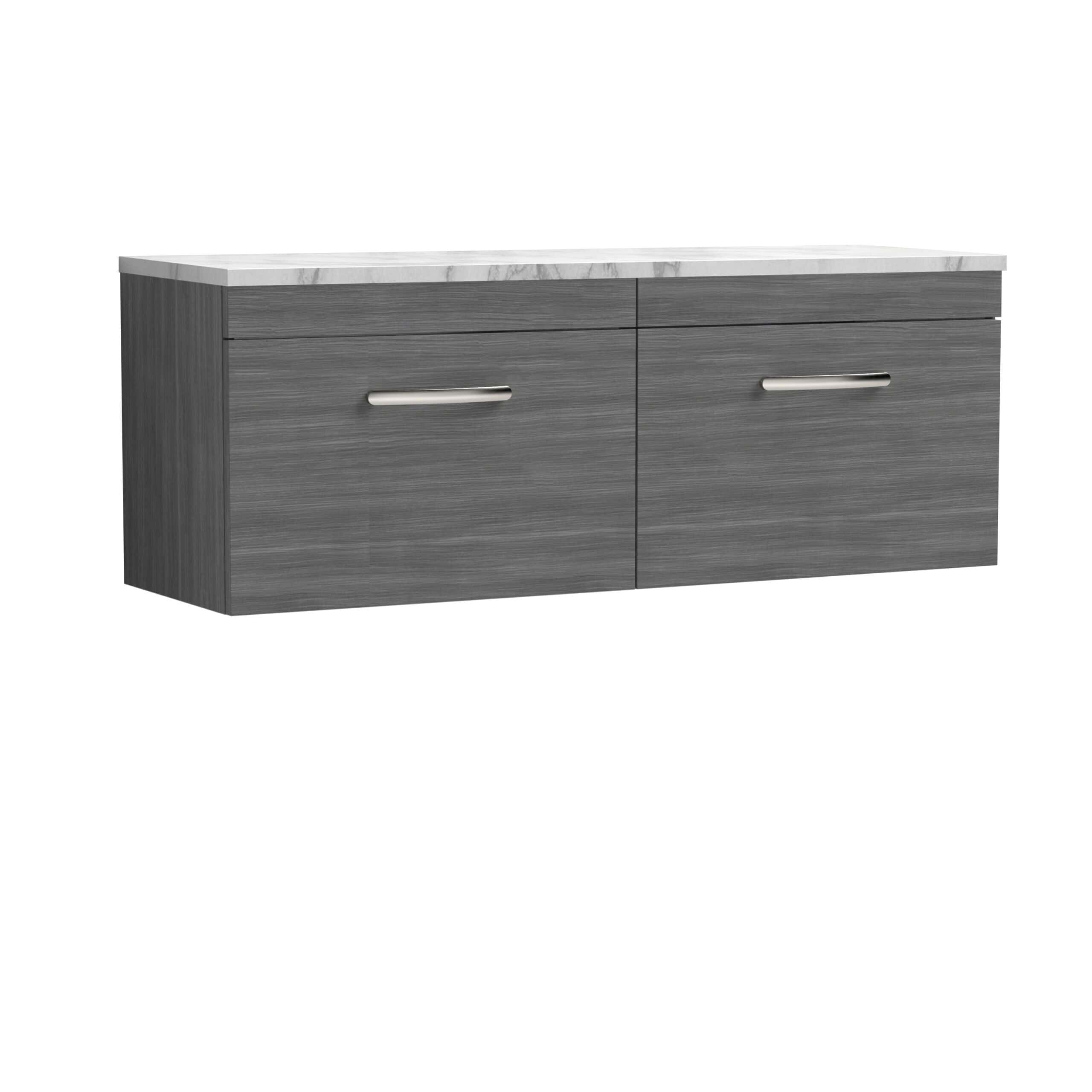 Sleek grey bathroom vanity with a marble top, ideal for modern bathroom designs, featuring durable storage drawers and stylish handles for functional elegance.