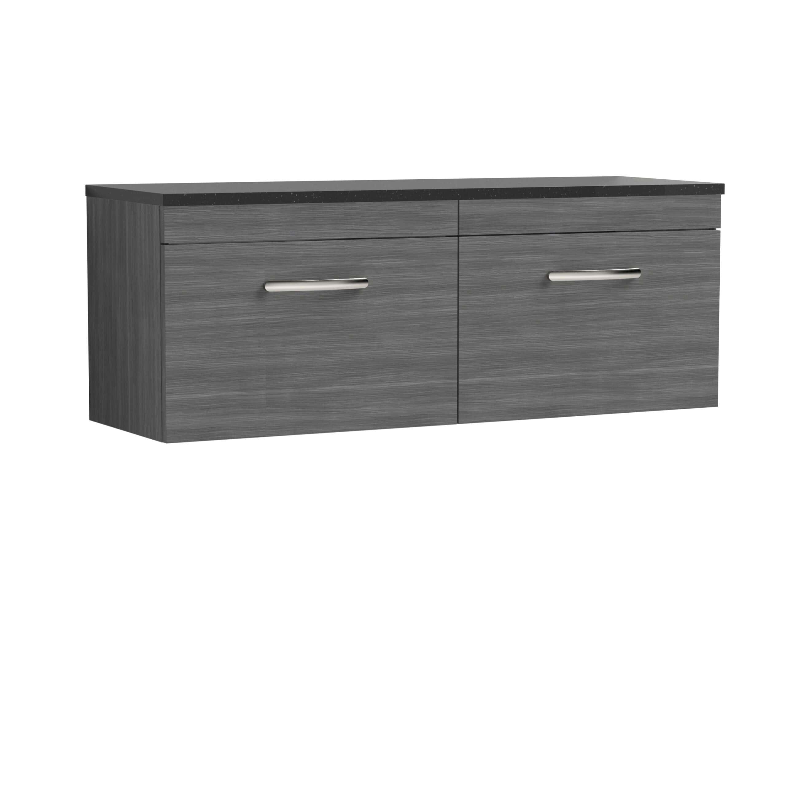 Modern grey bathroom vanity unit with sleek curved handles and a black countertop, ideal for bathroom storage and style enhancement.