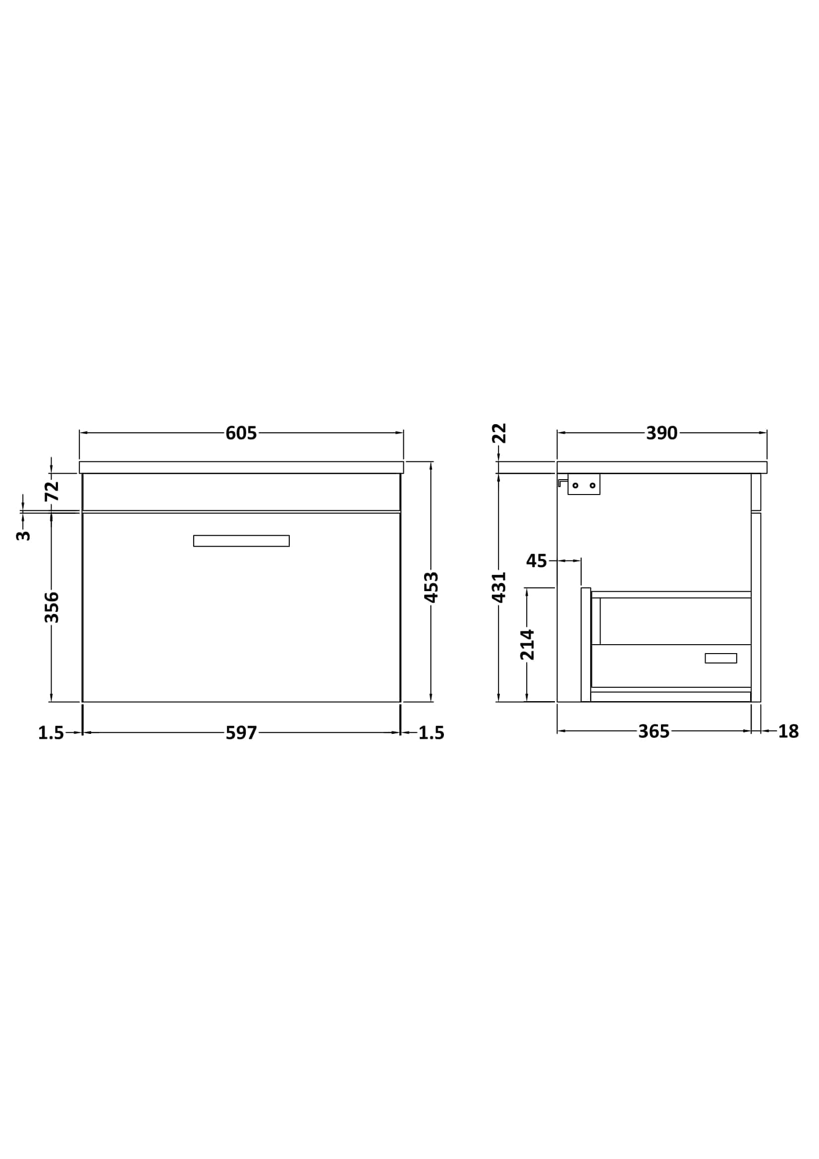 Contemporary bathroom vanity unit with detailed technical measurements, ideal for modern bathroom renovations and installations, featuring sleek storage drawers and a durable finish.