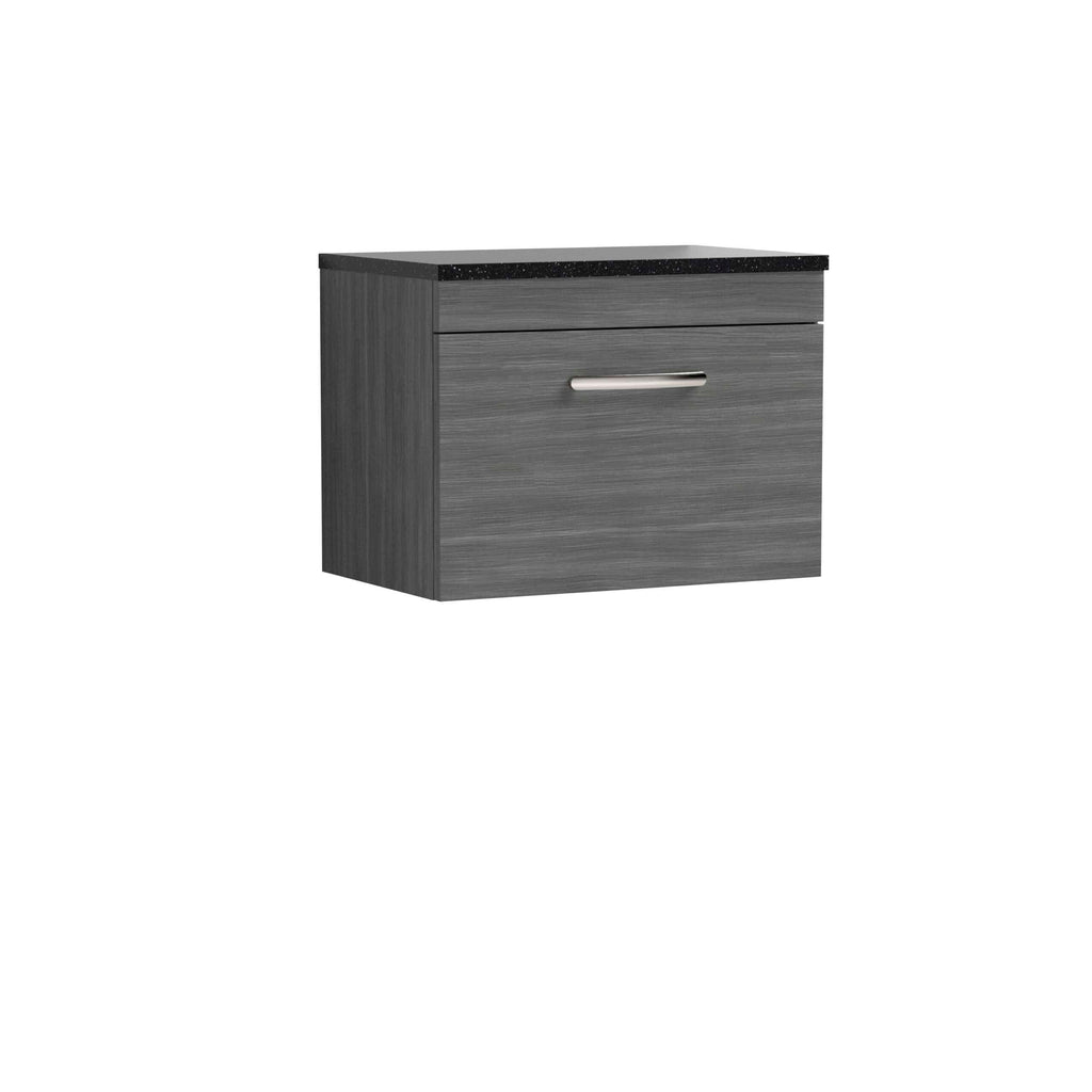 Sleek grey bathroom storage cabinet with a black granite top, modern handle, ideal for contemporary bathroom organisation and decor.