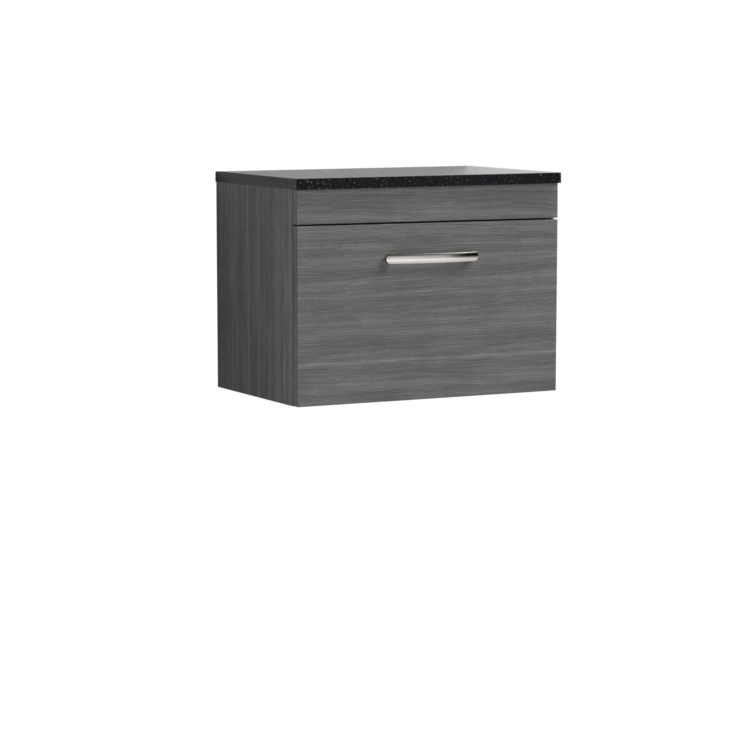 Sleek grey bathroom storage cabinet with a black granite top, modern handle, ideal for contemporary bathroom organisation and decor.