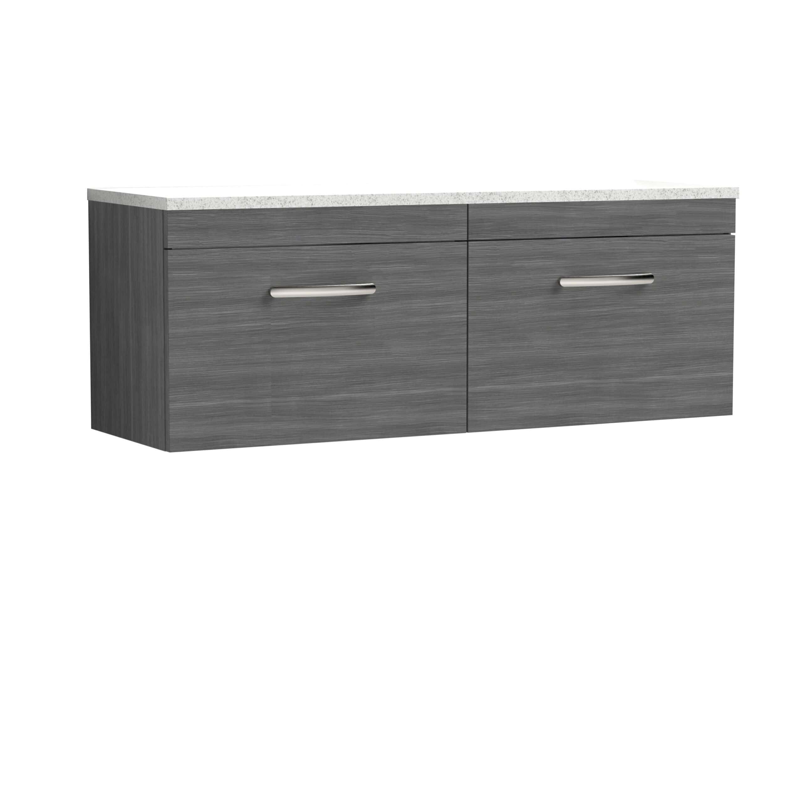 Modern grey bathroom vanity unit with a white stone countertop, sleek stainless steel handles, and ample storage space for stylish and functional bathroom organisation.