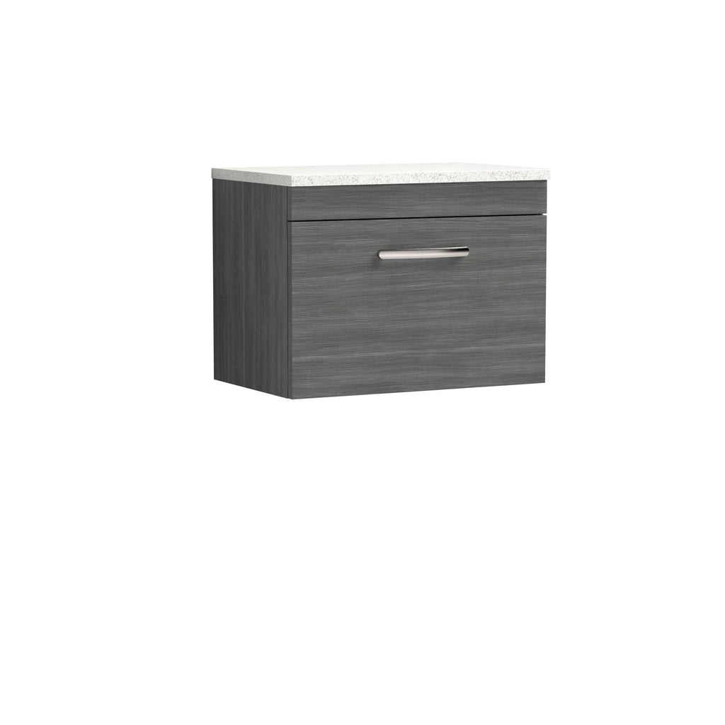 Sleek grey bathroom vanity unit with a white countertop and modern drawer handle, perfect for contemporary bathroom storage solutions.