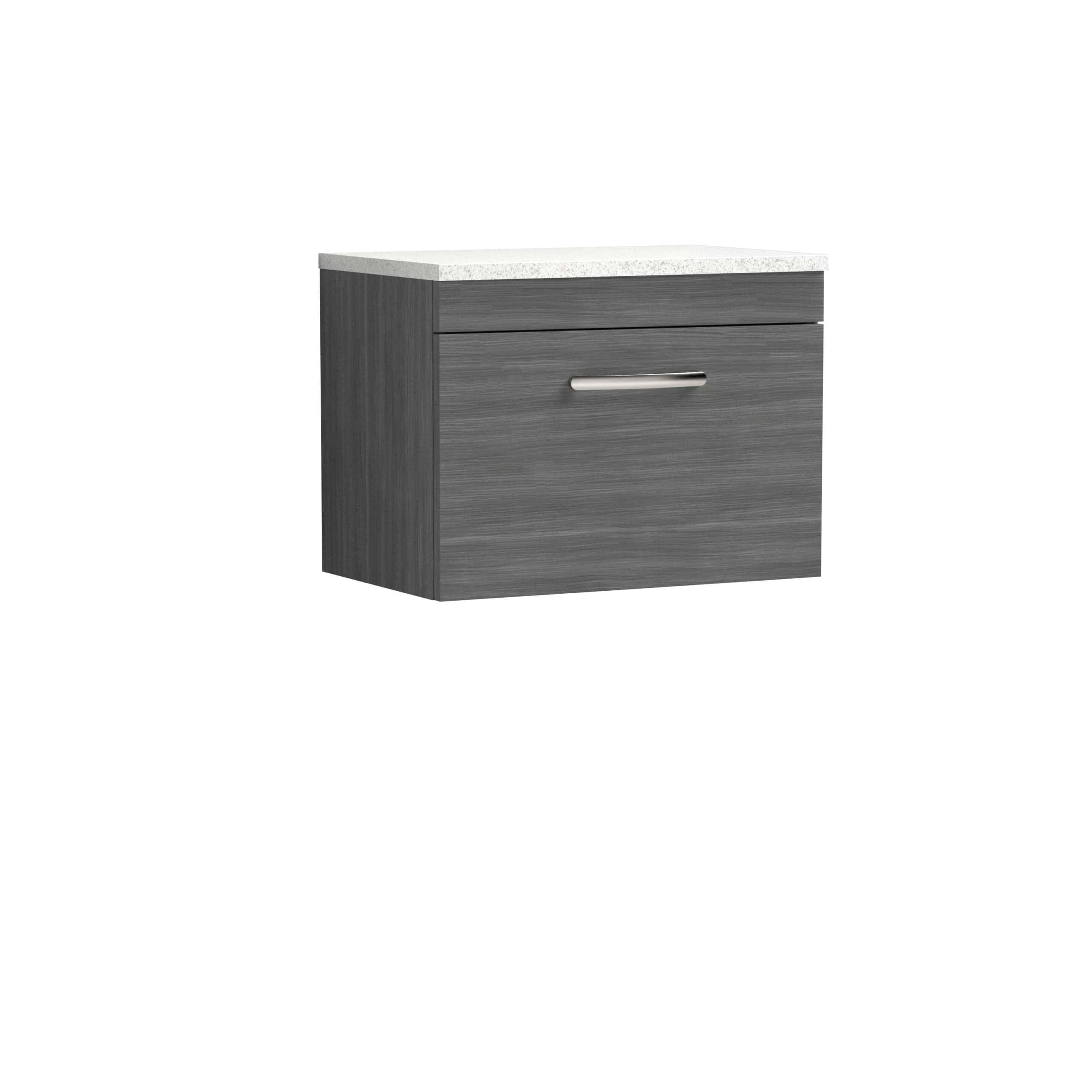Sleek grey bathroom vanity unit with a white countertop and modern drawer handle, perfect for contemporary bathroom storage solutions.