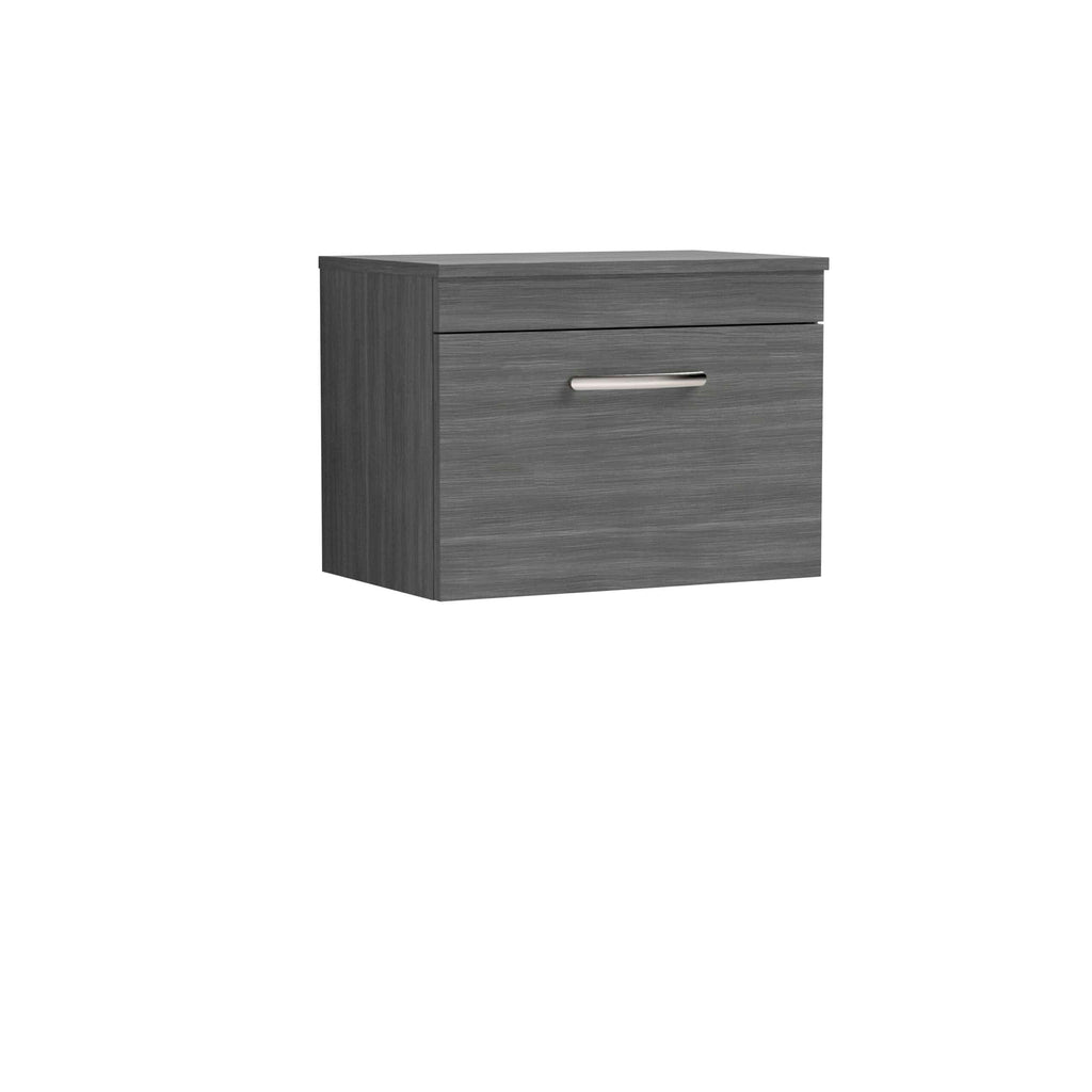 Modern grey wood bathroom vanity with storage drawer, sleek chrome handle, ideal for contemporary bathroom designs. Durable and stylish, perfect for organising toiletries and essentials.