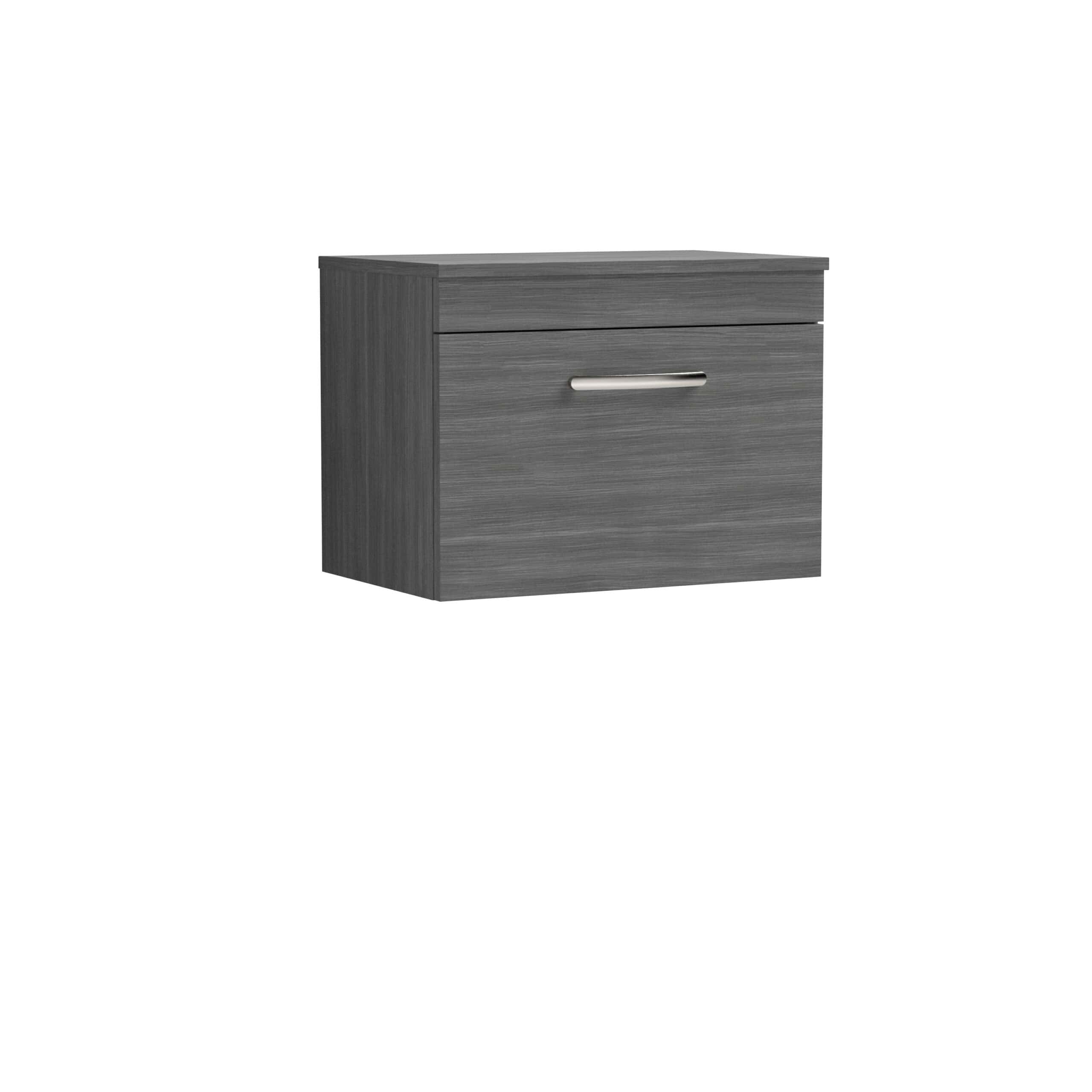 Modern grey wood bathroom vanity with storage drawer, sleek chrome handle, ideal for contemporary bathroom designs. Durable and stylish, perfect for organising toiletries and essentials.