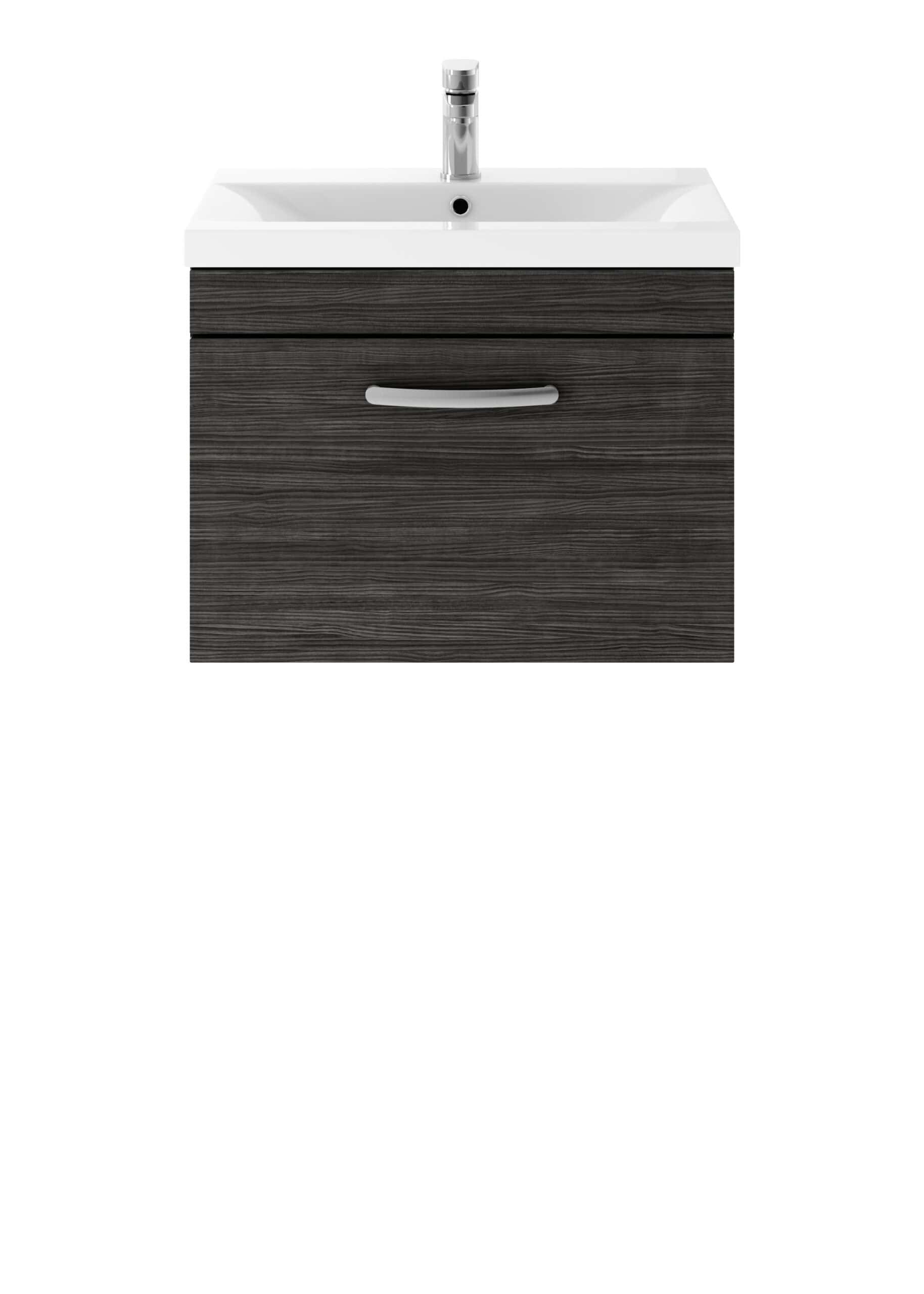 Modern bathroom vanity with integrated sink and dark wood finish, perfect for contemporary bathroom designs. Includes sleek handle and durable surface for everyday use.
