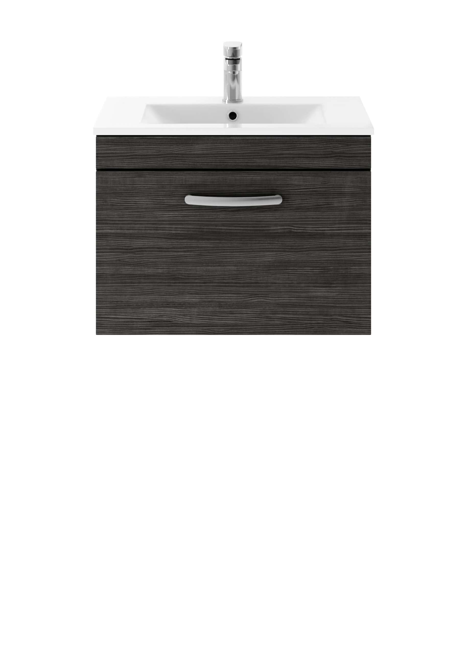 Modern bathroom vanity with a dark wood finish, integrated sink, and chrome faucet, suitable for contemporary bathroom design and storage solutions.