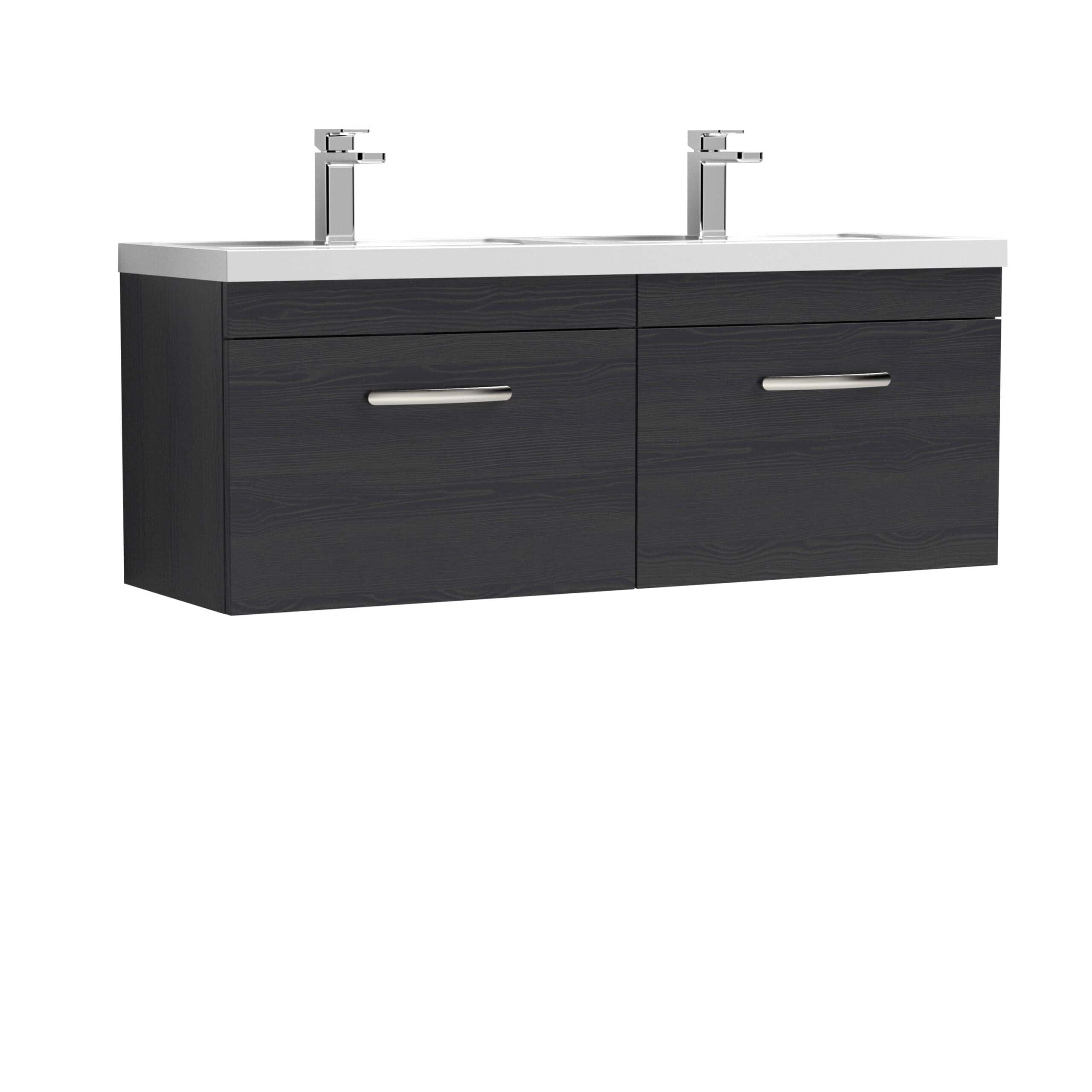 Modern black bathroom vanity with dual sinks and chrome handles, ideal for contemporary bathroom decor. Durable wood finish with spacious storage, perfect for organising bathroom essentials.