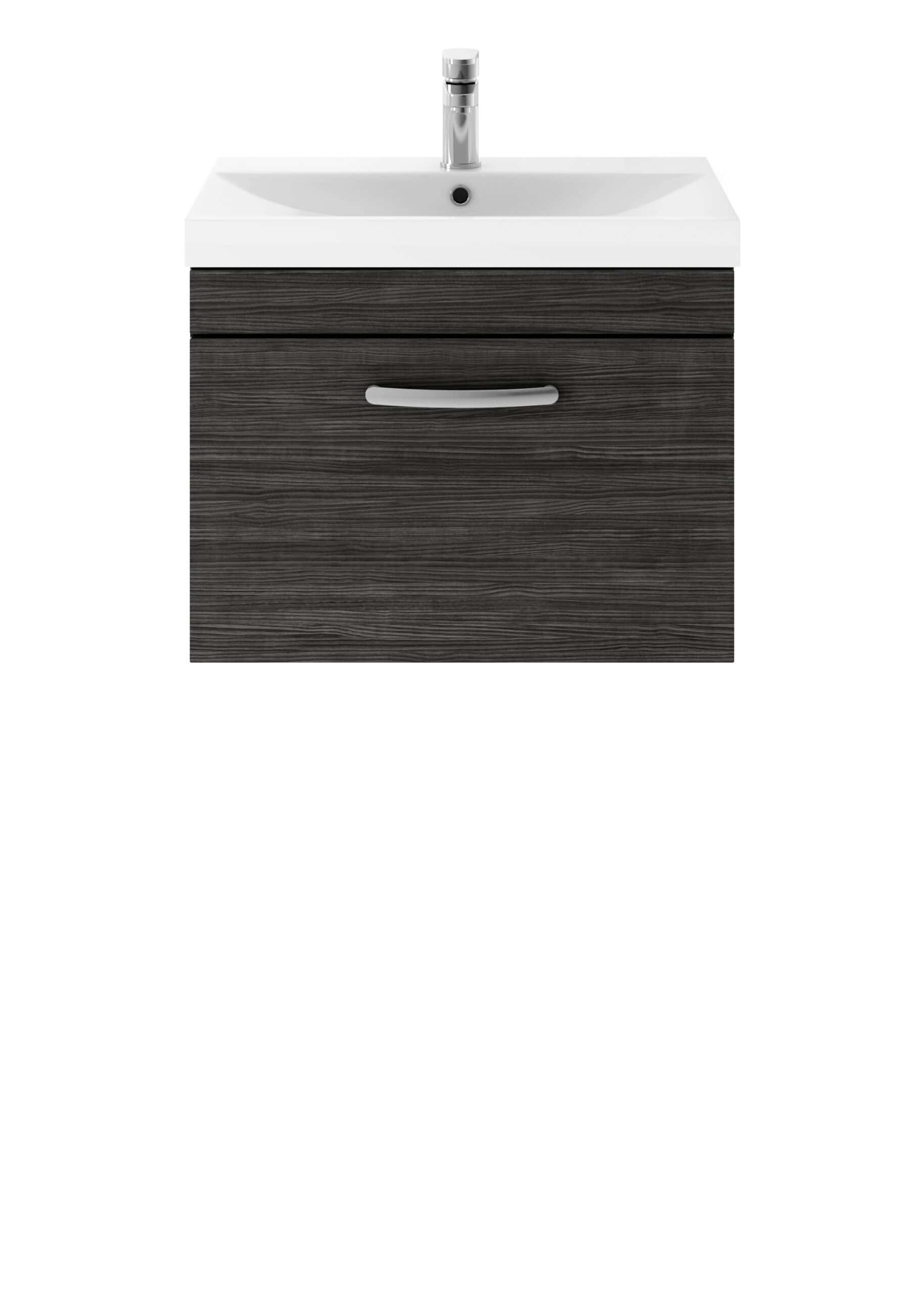 Dark wood bathroom vanity with integrated ceramic sink and chrome faucet, ideal for modern bathroom designs and space-saving solutions.