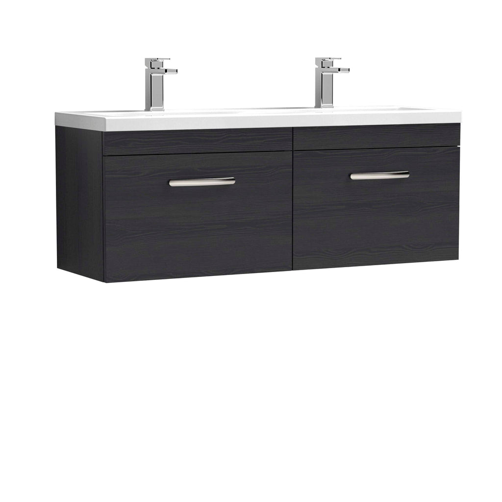 Contemporary double bathroom vanity unit with dual sinks and sleek chrome taps, finished in dark wood veneer for modern bathroom interiors.