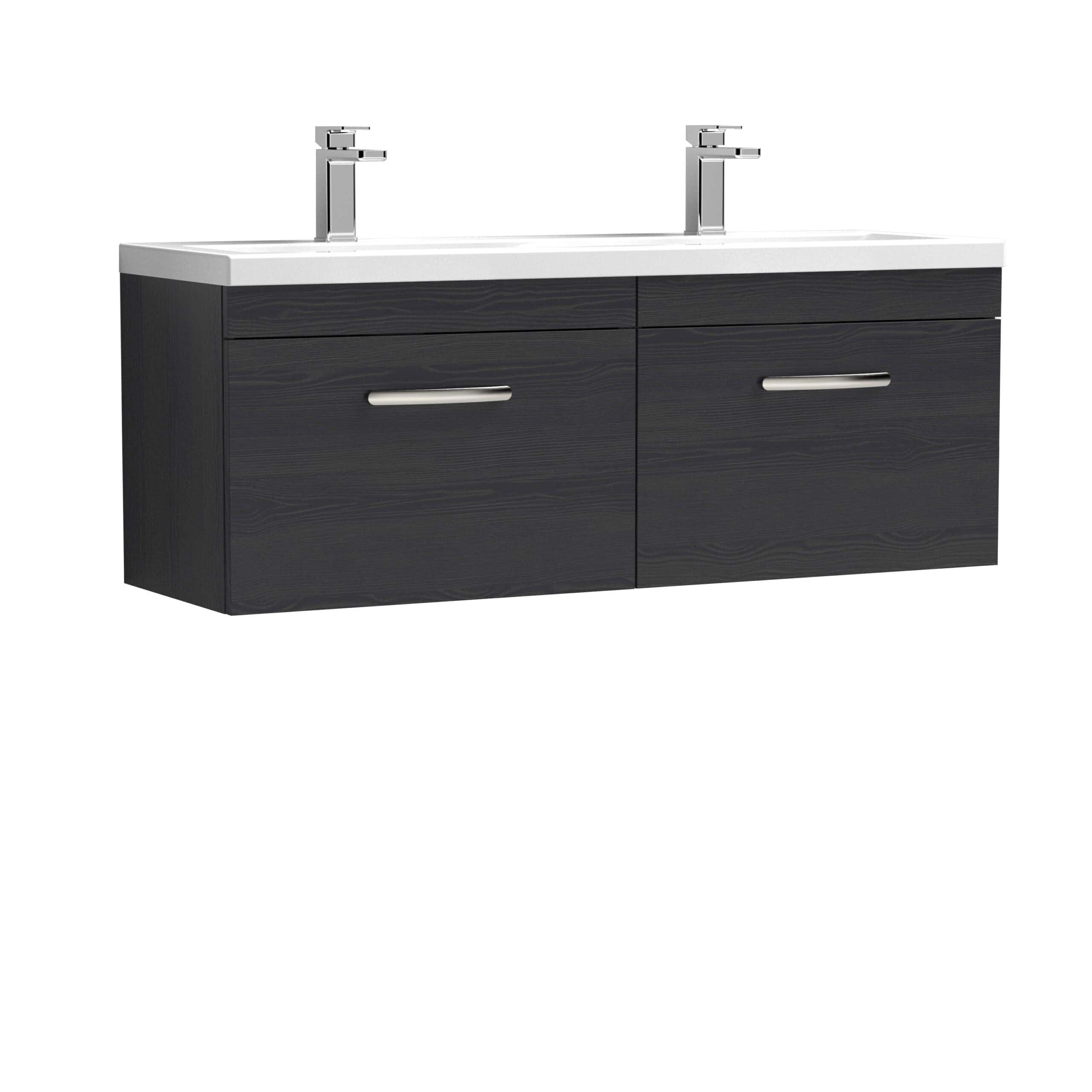 Contemporary double bathroom vanity unit with dual sinks and sleek chrome taps, finished in dark wood veneer for modern bathroom interiors.