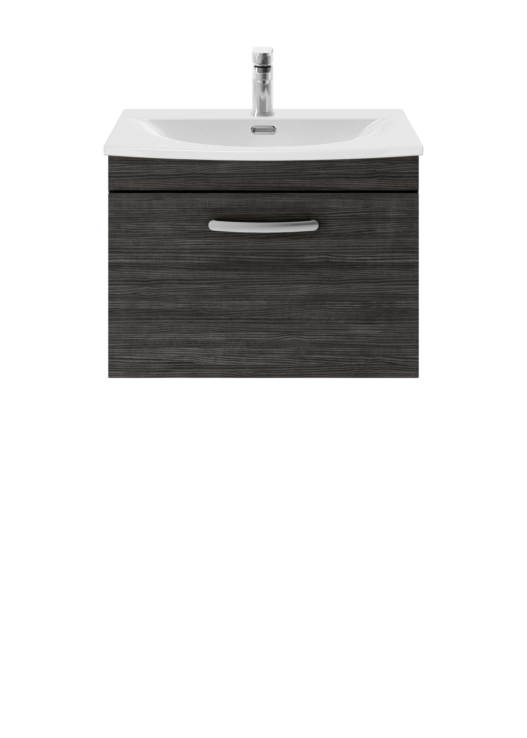 Modern bathroom vanity unit with a sleek white ceramic sink, chrome tap, and grey wood-effect finish, ideal for contemporary bathroom designs.