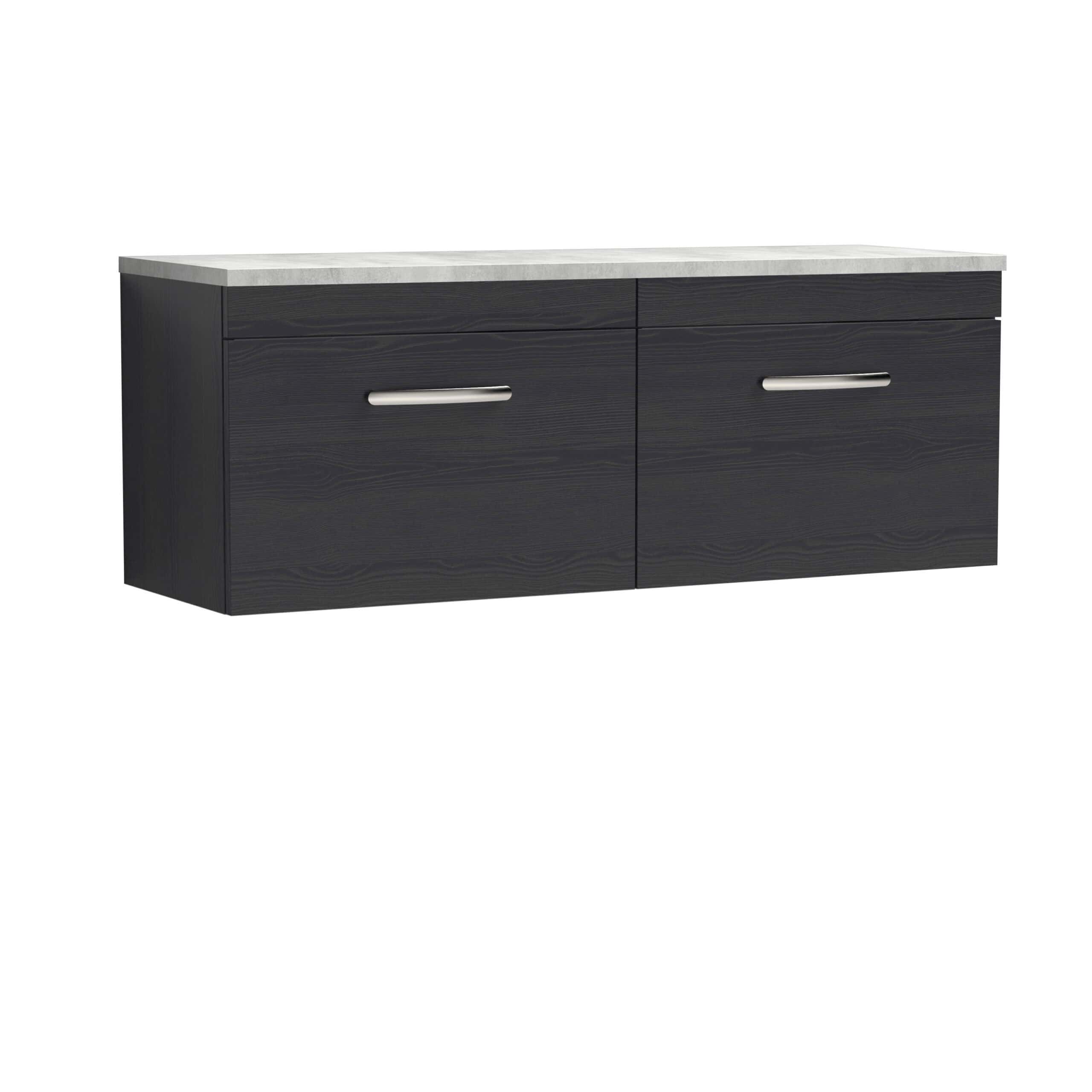 Sleek black bathroom vanity with a light grey marble countertop, modern silver handles, perfect for contemporary bathroom storage and design.