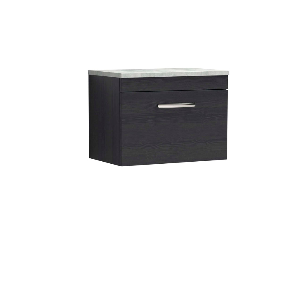 Modern black bathroom vanity unit with a sleek silver handle and a marble-effect countertop, ideal for contemporary bathroom designs.
