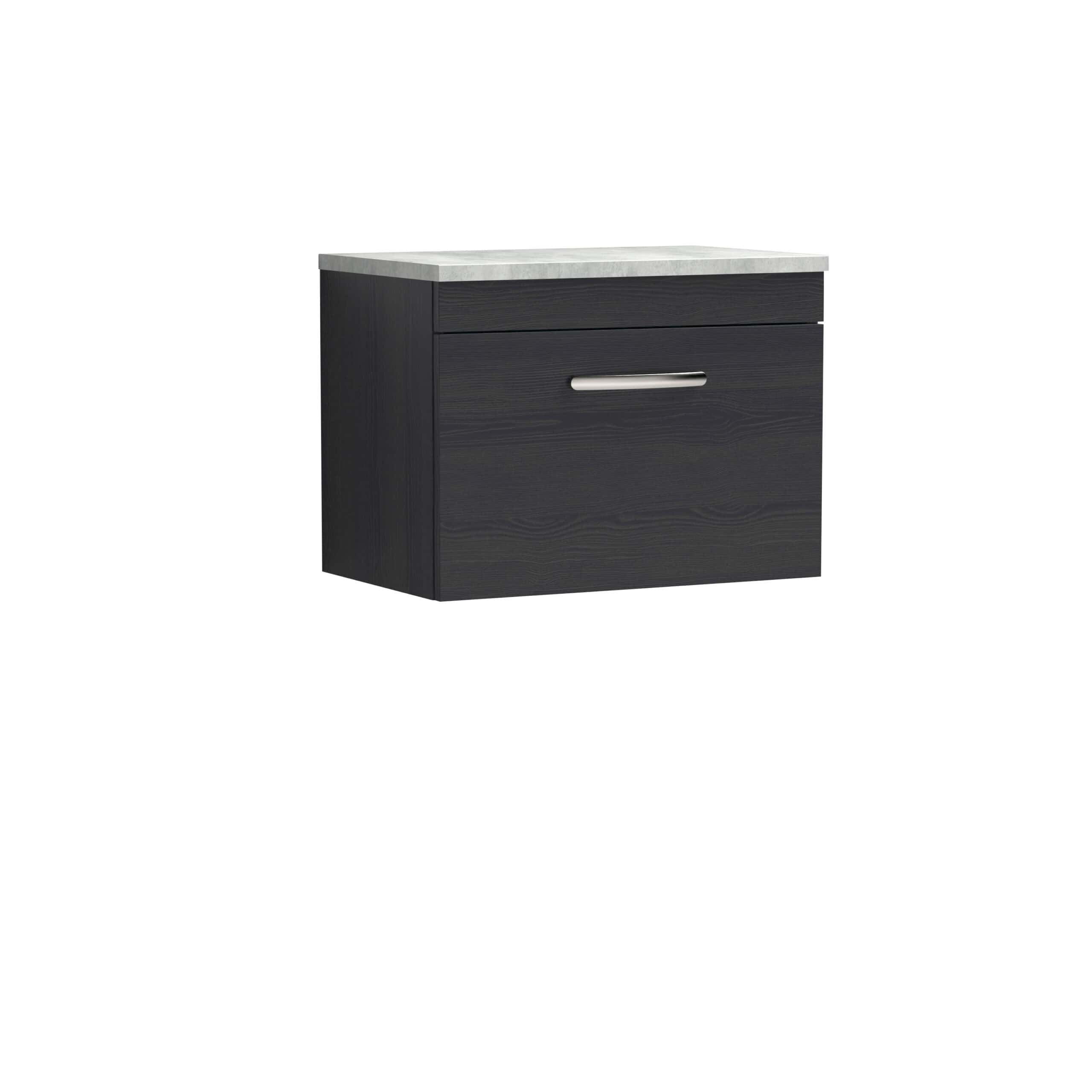 Modern black bathroom vanity unit with a sleek silver handle and a marble-effect countertop, ideal for contemporary bathroom designs.