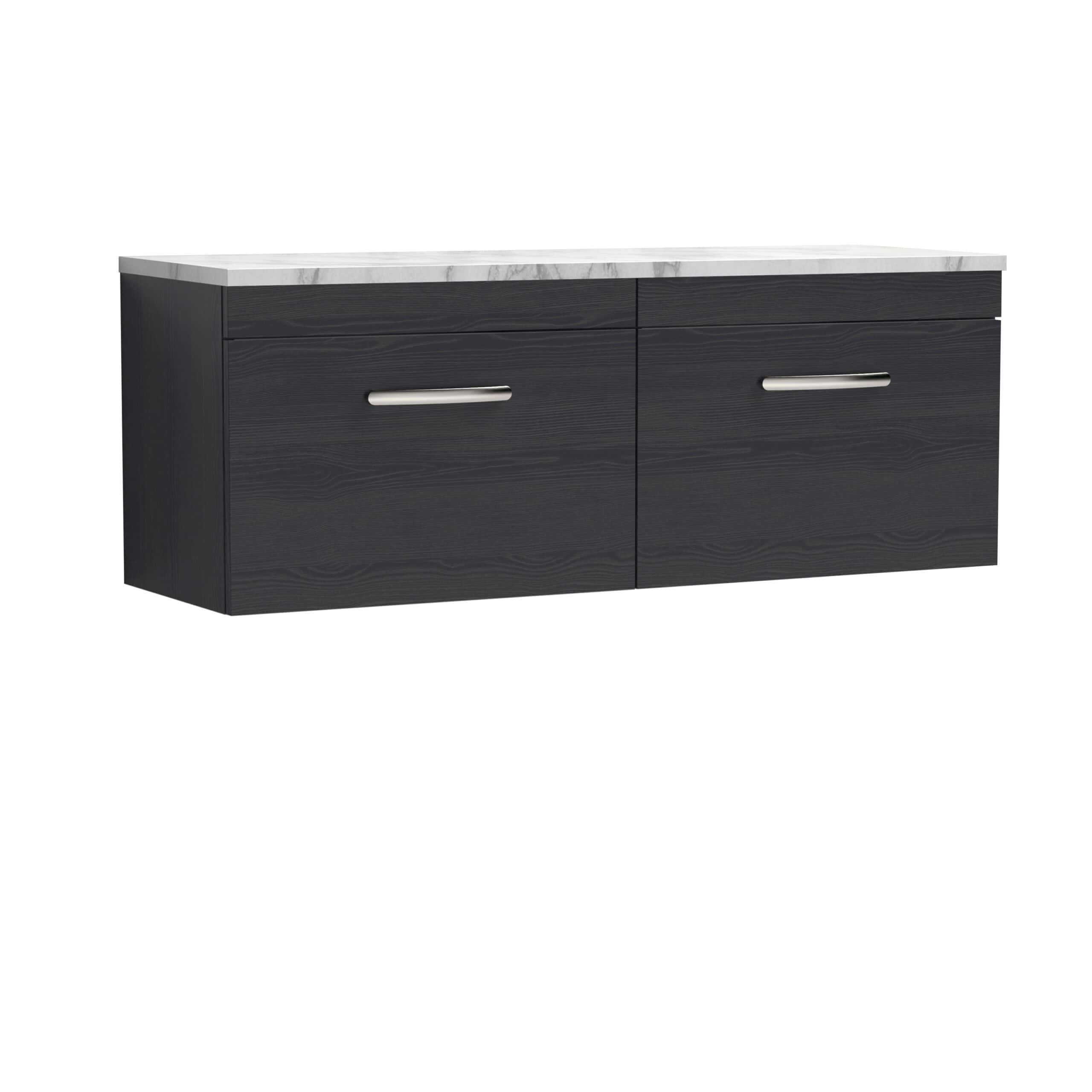 Dark wood bathroom vanity with black finish and modern stainless steel handles, featuring a sleek white marble countertop, ideal for contemporary bathroom decor.