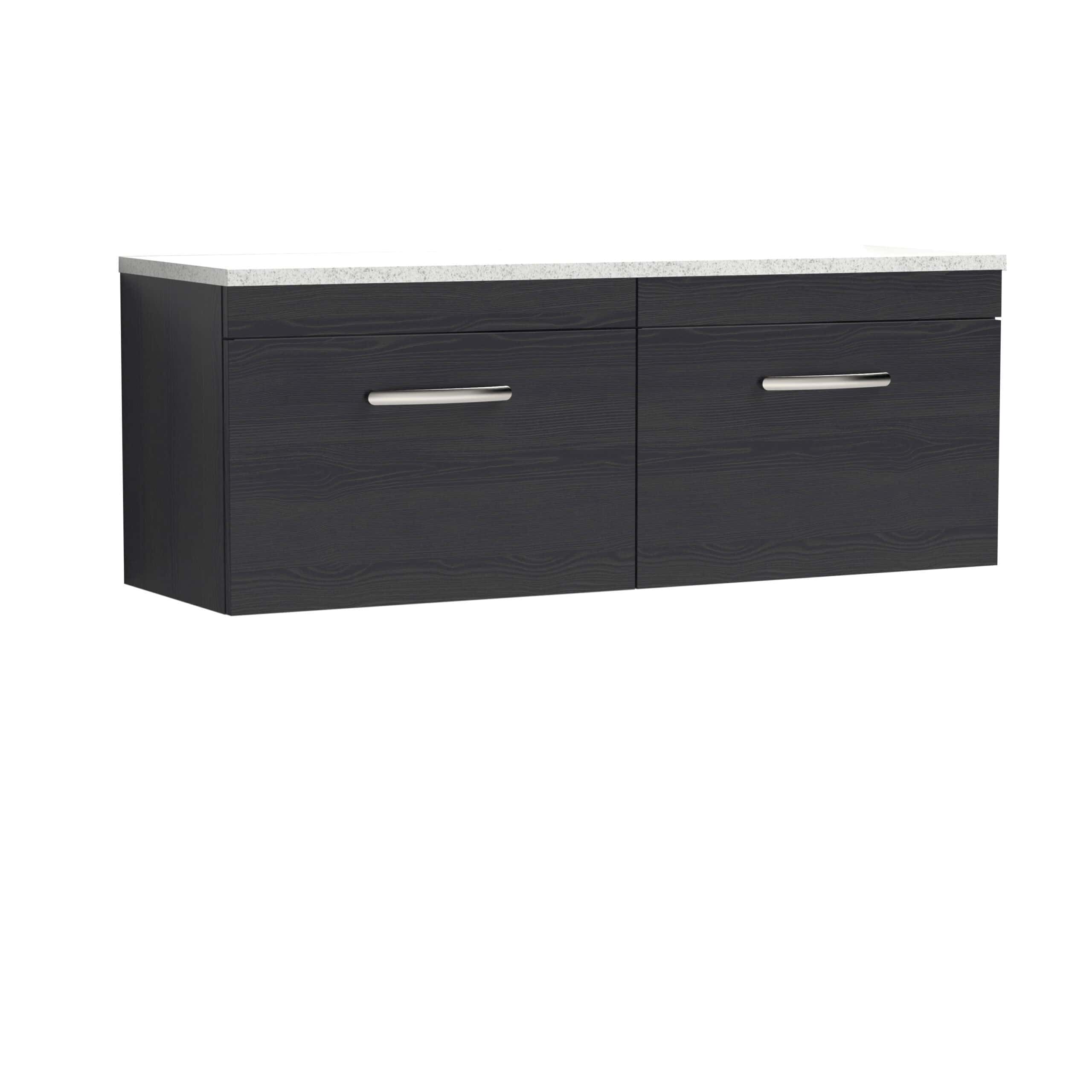 Sleek black bathroom vanity cabinet with a white stone countertop, designed for modern bathroom storage solutions. Features smooth metal handles and spacious drawers for organised storage.