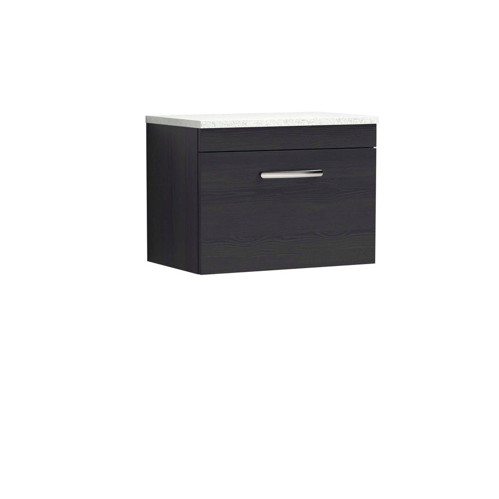 Modern black bathroom vanity with a white countertop and a sleek drawer handle, ideal for contemporary bathroom designs.