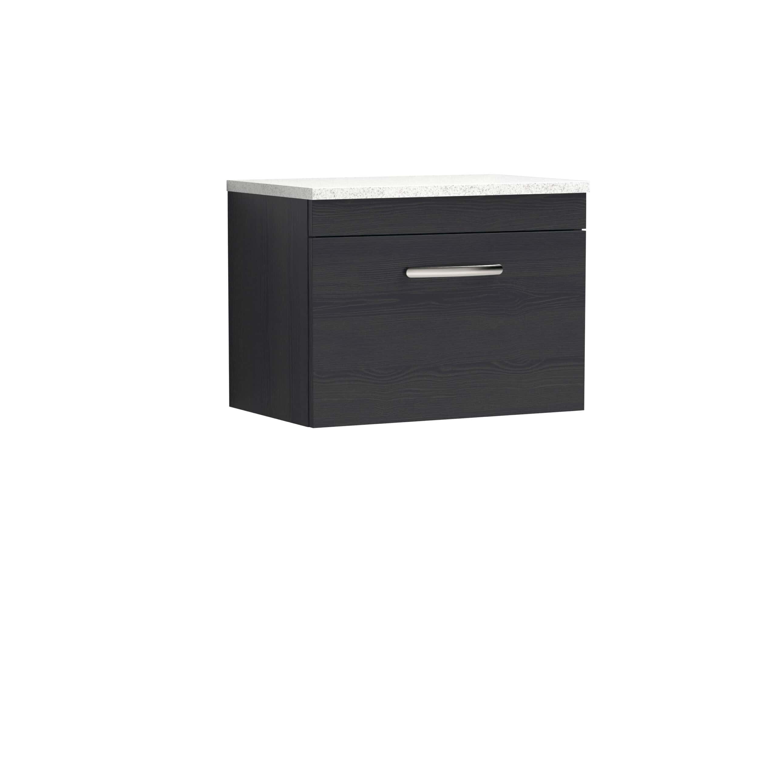 Modern black bathroom vanity with a white countertop and a sleek drawer handle, ideal for contemporary bathroom designs.