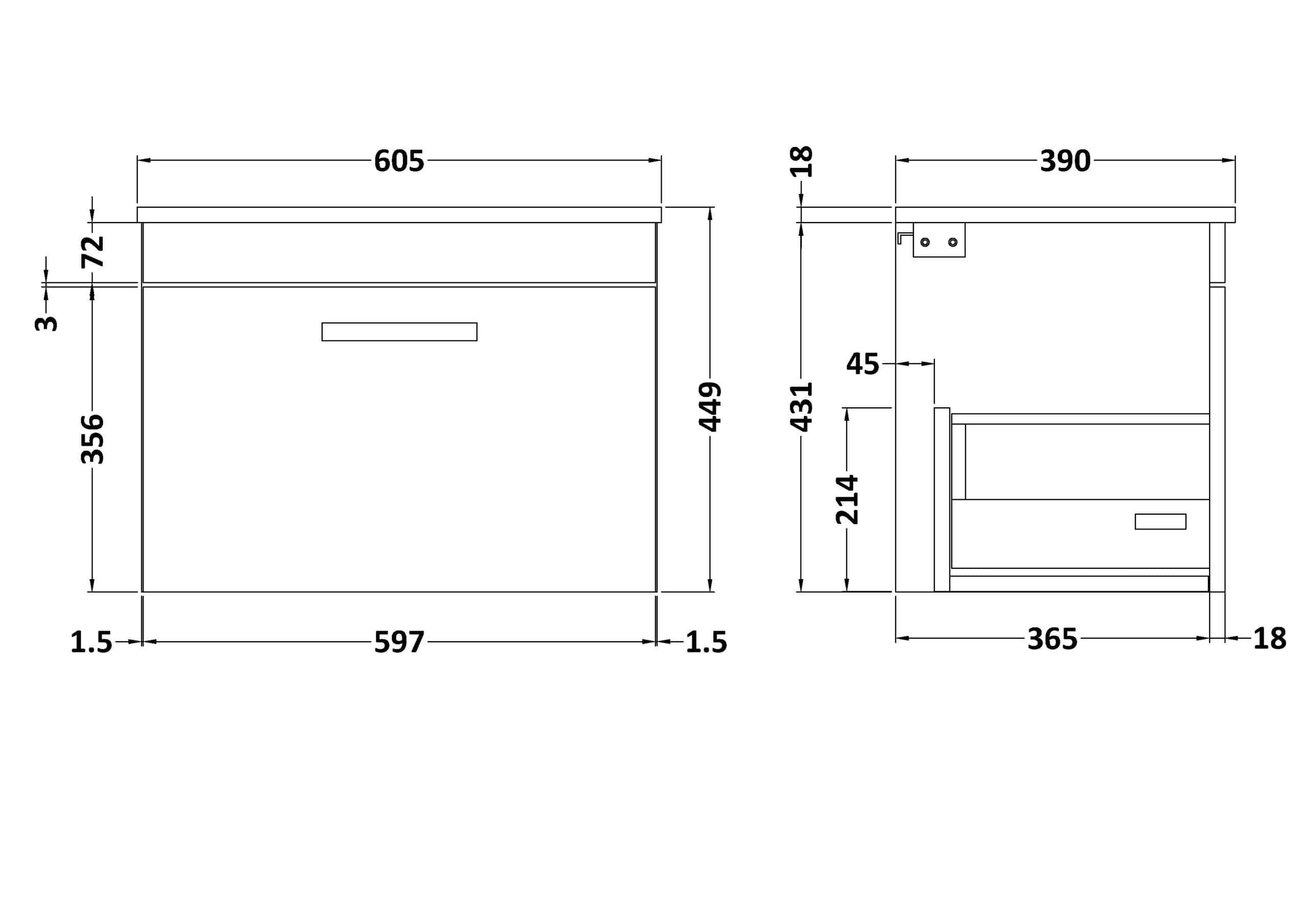 High-quality bathroom vanity unit with detailed dimensions, perfect for modern Bubly bathrooms; customised storage solutions for efficient bathroom organisation.
