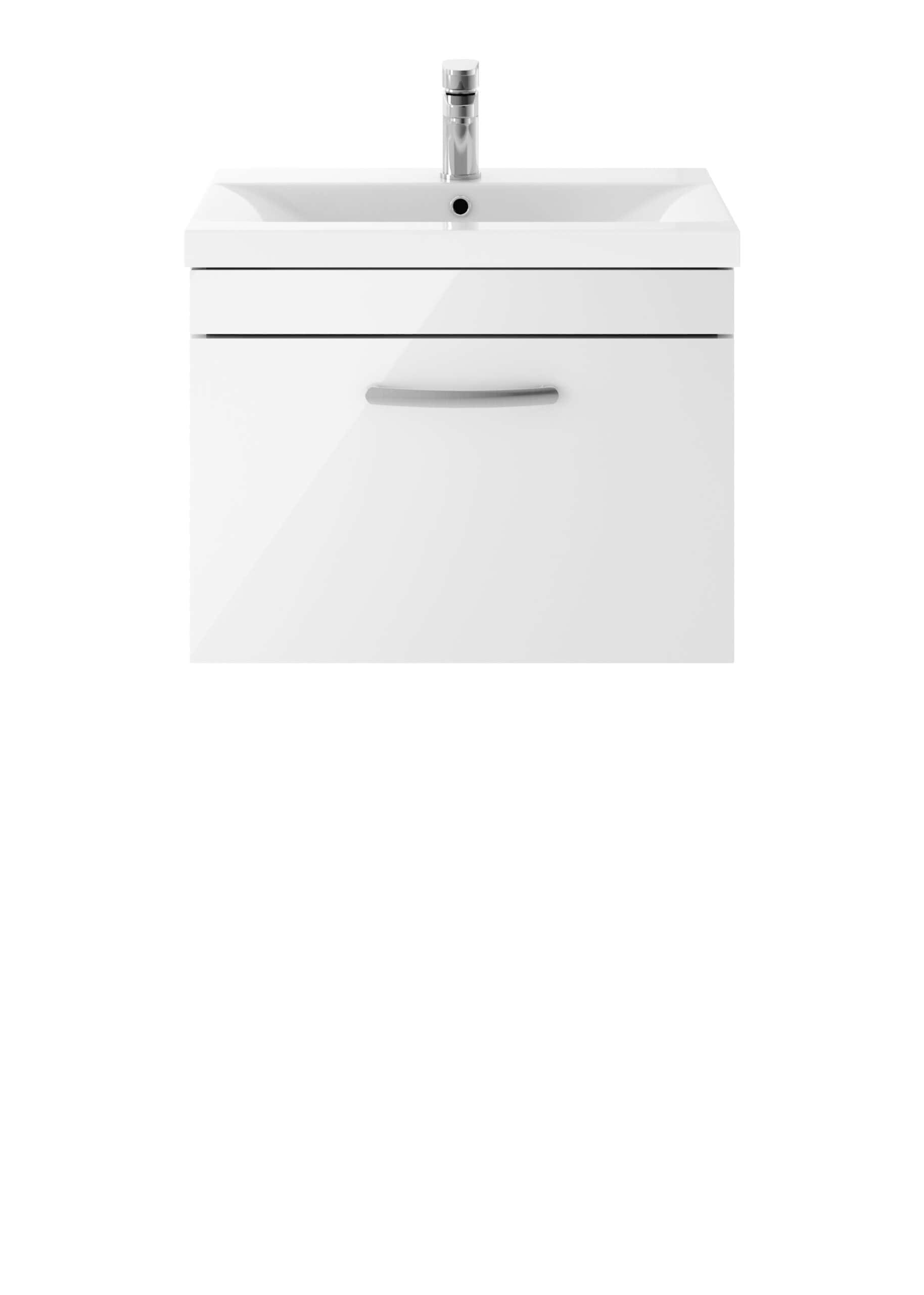 White bathroom vanity unit with integrated sink and chrome tap, modern bathroom furniture, stylish bathroom storage solution, Bubly Bathrooms UK.