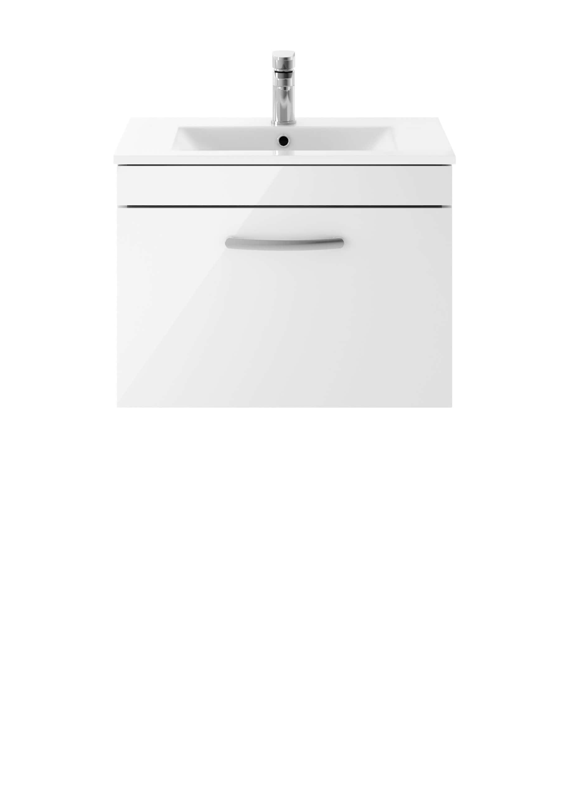 White bathroom vanity with integrated sink and sleek handle, ideal for modern bathroom designs. Durable and stylish, perfect for bathroom storage and aesthetics.