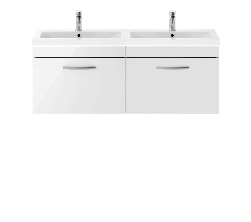 Modern white bathroom vanity with double sinks and sleek chrome faucets, ideal for contemporary bathroom interiors, offering practical storage and stylish design.
