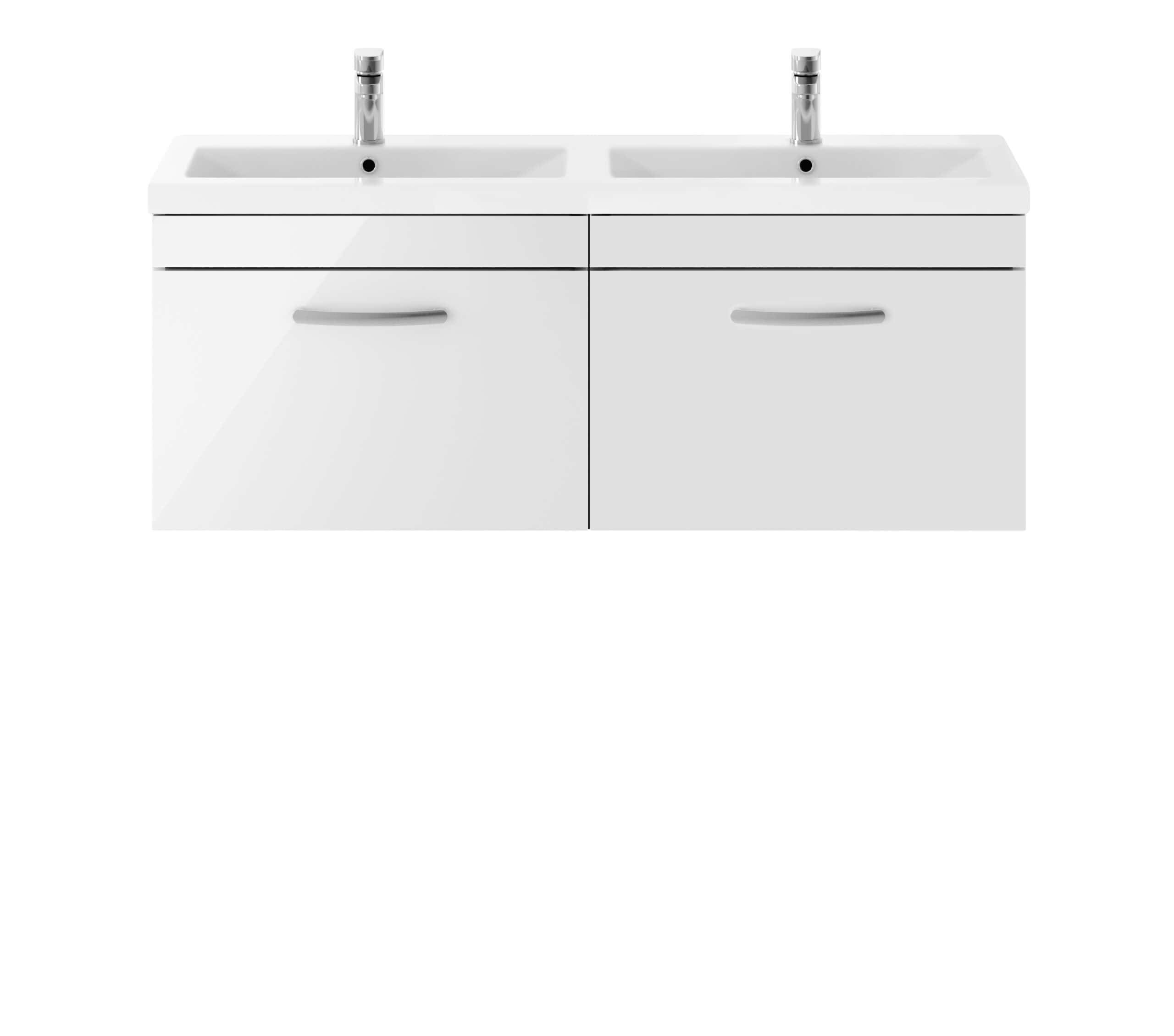 Modern white bathroom vanity with double sinks and sleek chrome faucets, ideal for contemporary bathroom interiors, offering practical storage and stylish design.