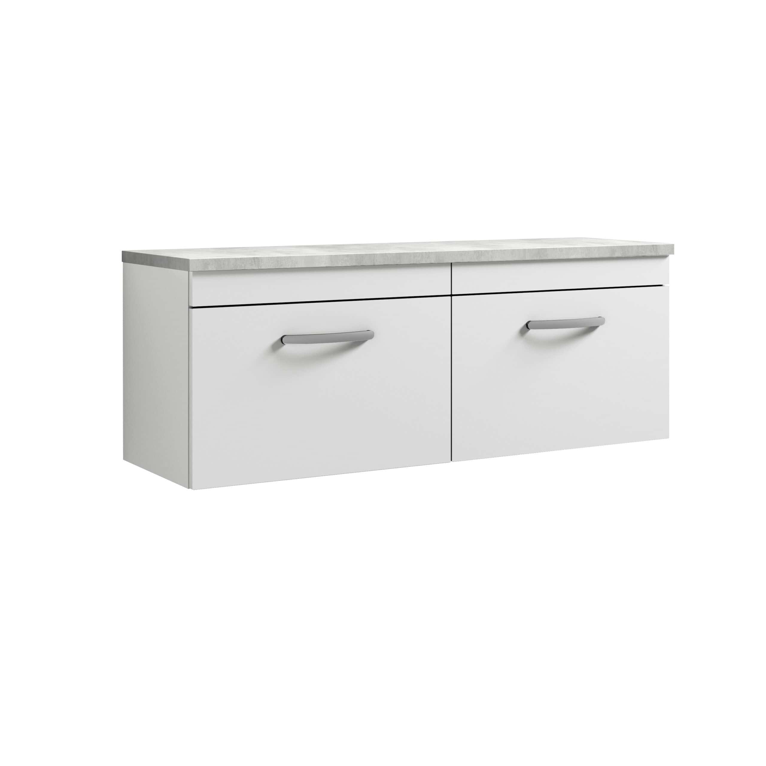 Sleek white bathroom vanity unit with a durable stone-effect countertop, modern silver handles, ideal for contemporary bathroom designs and storage solutions.